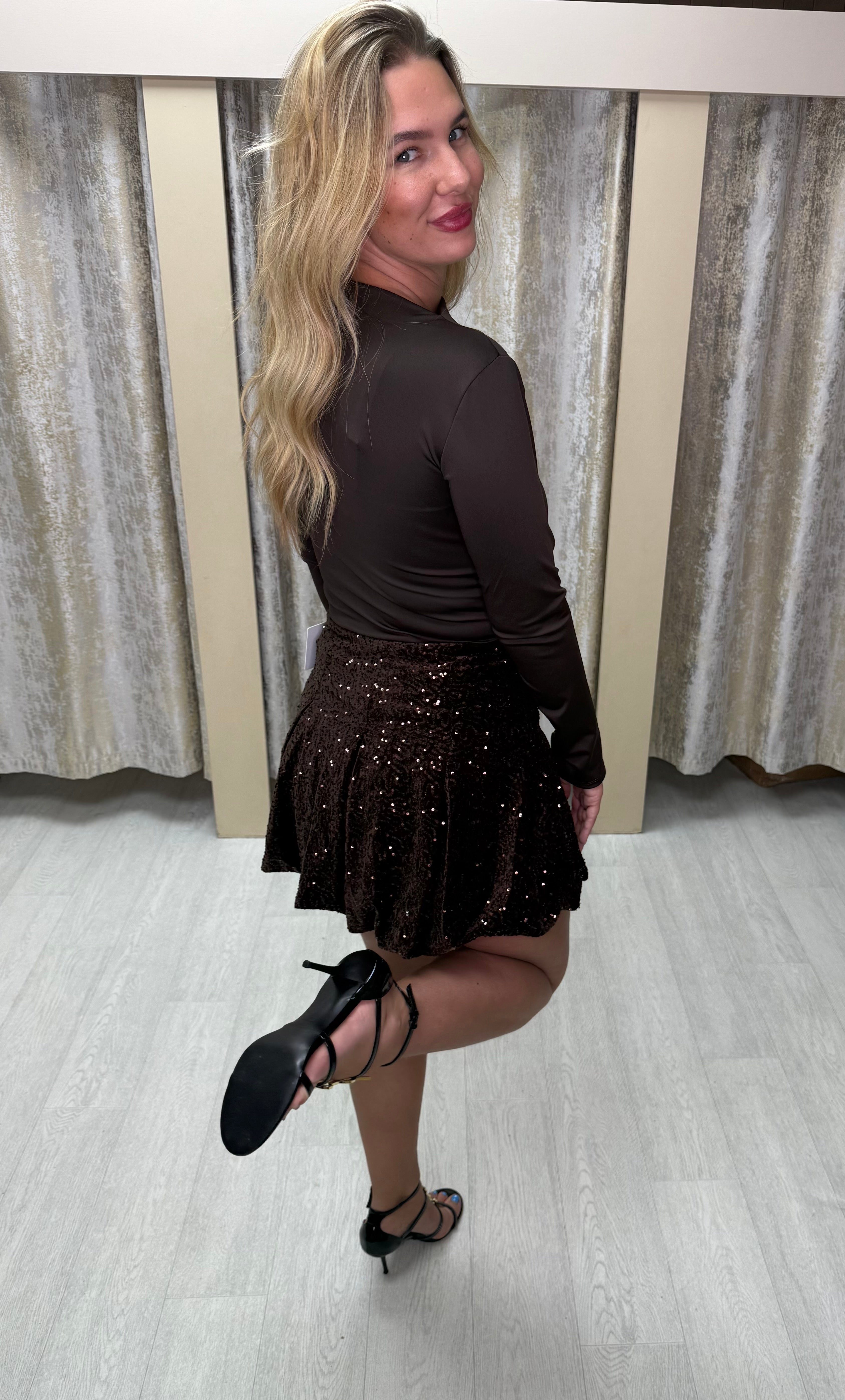 Glitter Sequin Pleated Elasticated Skirt - Brown