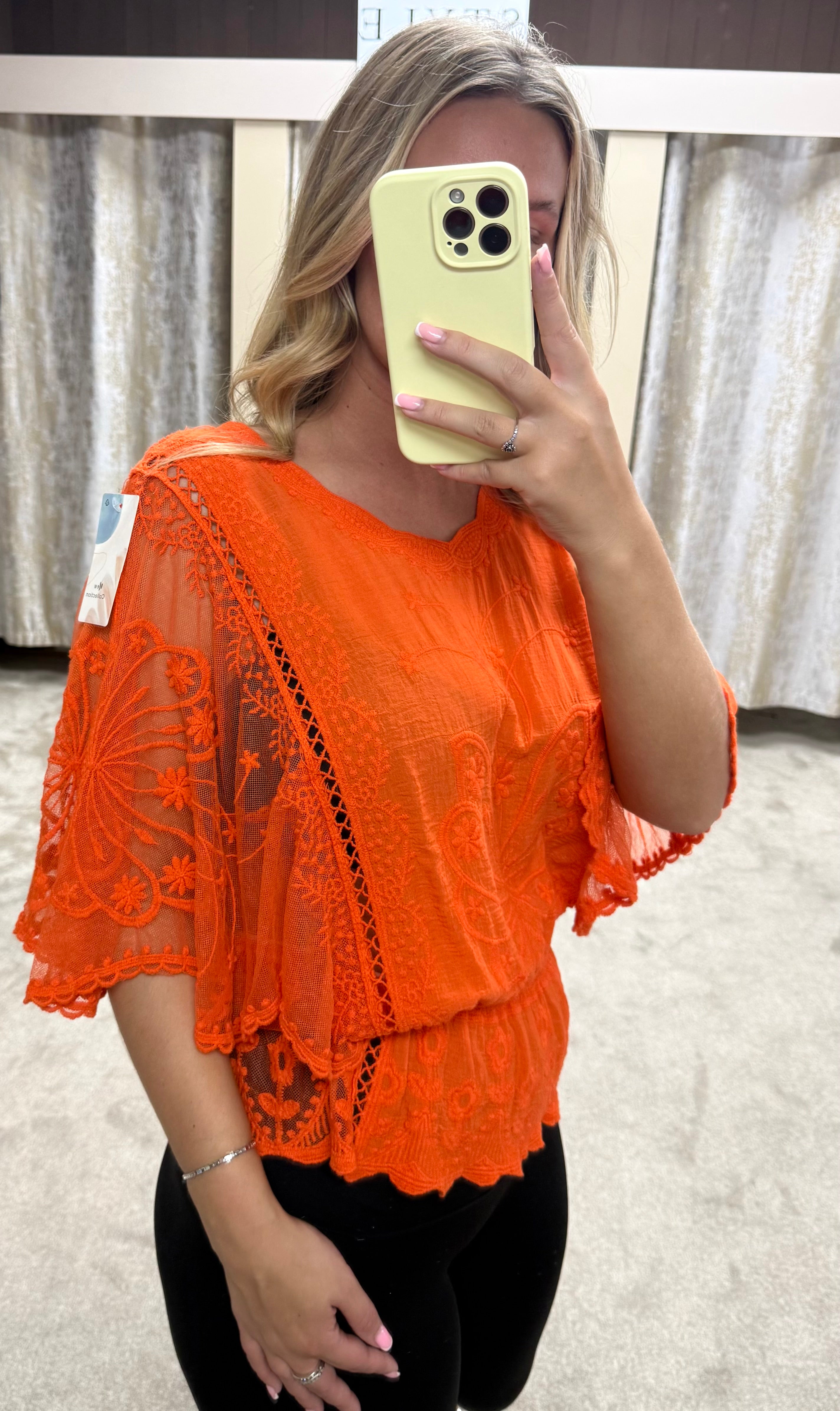 Butterly Embroidered Elasticated Waist Crochet Detail Top