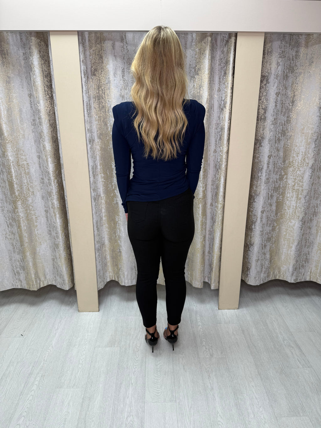 Asymmetric Side Split Long Sleeve Buckle Top with Shoulder Pads & Ruched Detailing