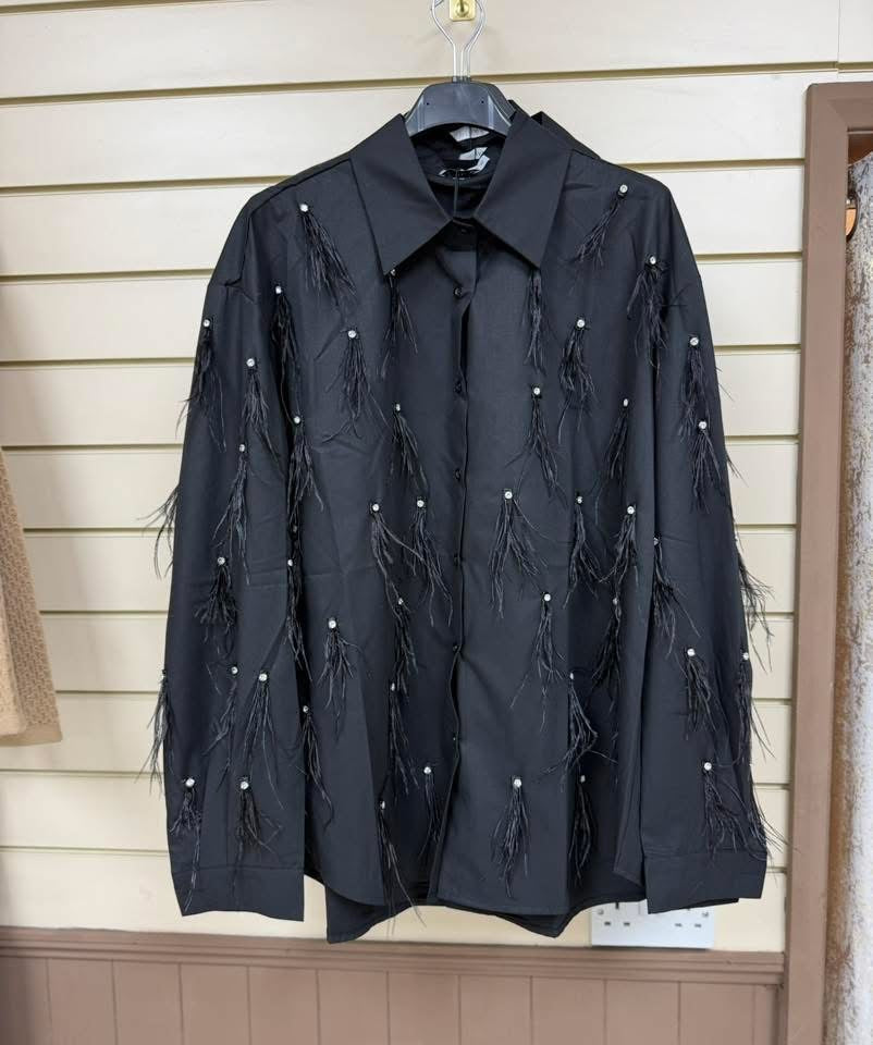 Diamante & Feather Detail Black Shirt