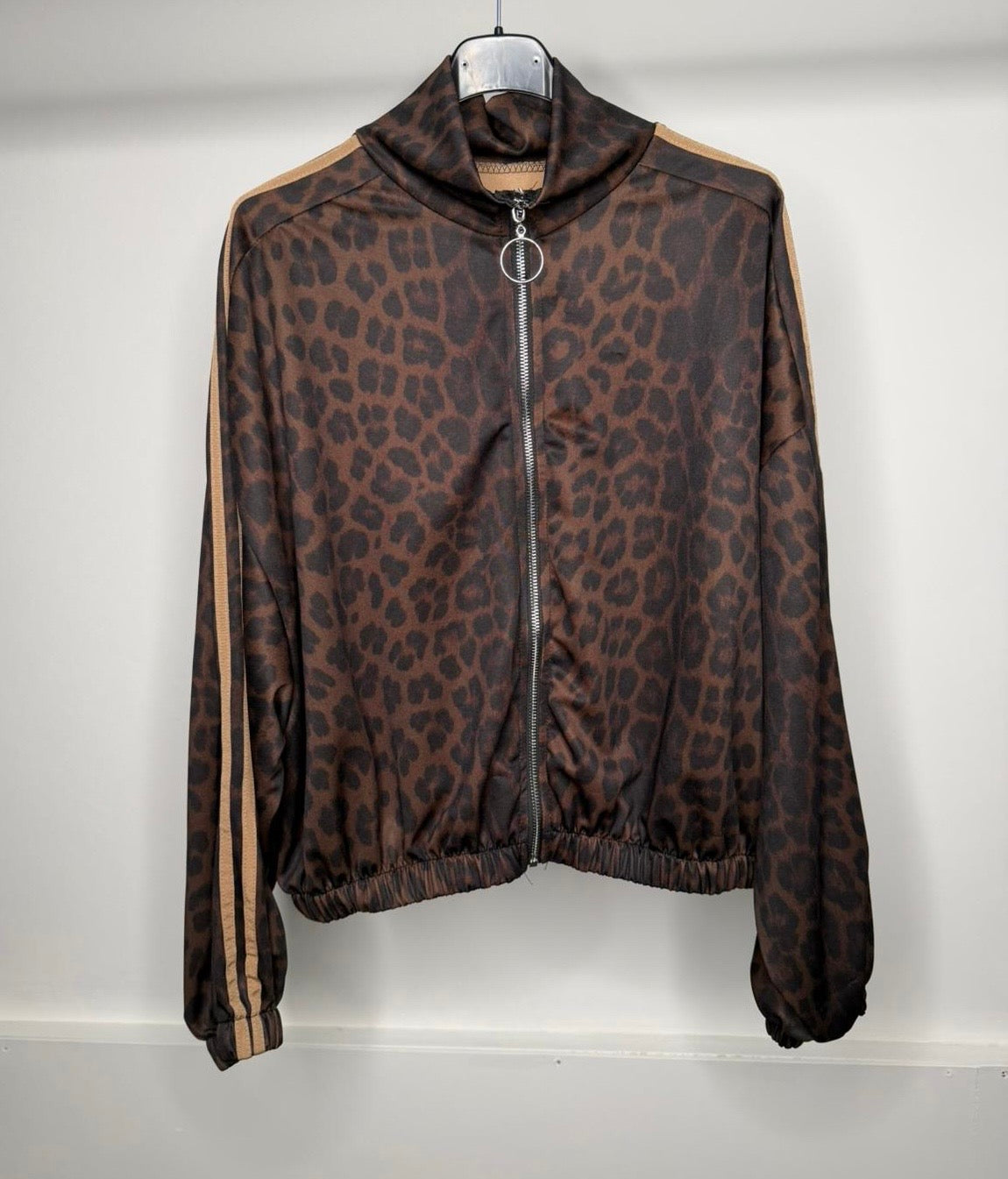 Leopard Print Stripe Detail Elasticated Zip Up Jacket