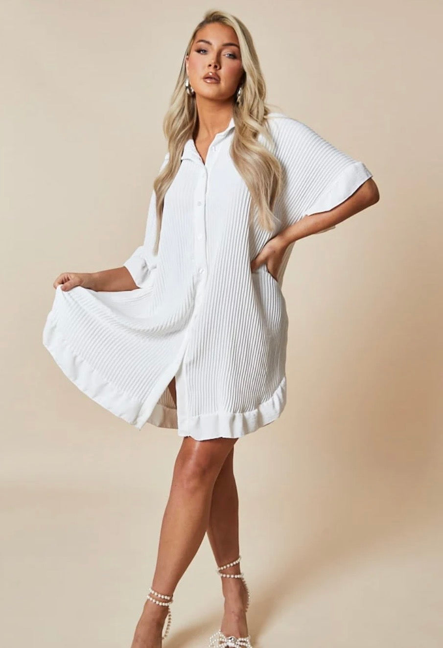 Gold Button Pleated Ruffle Hem Oversized Dress