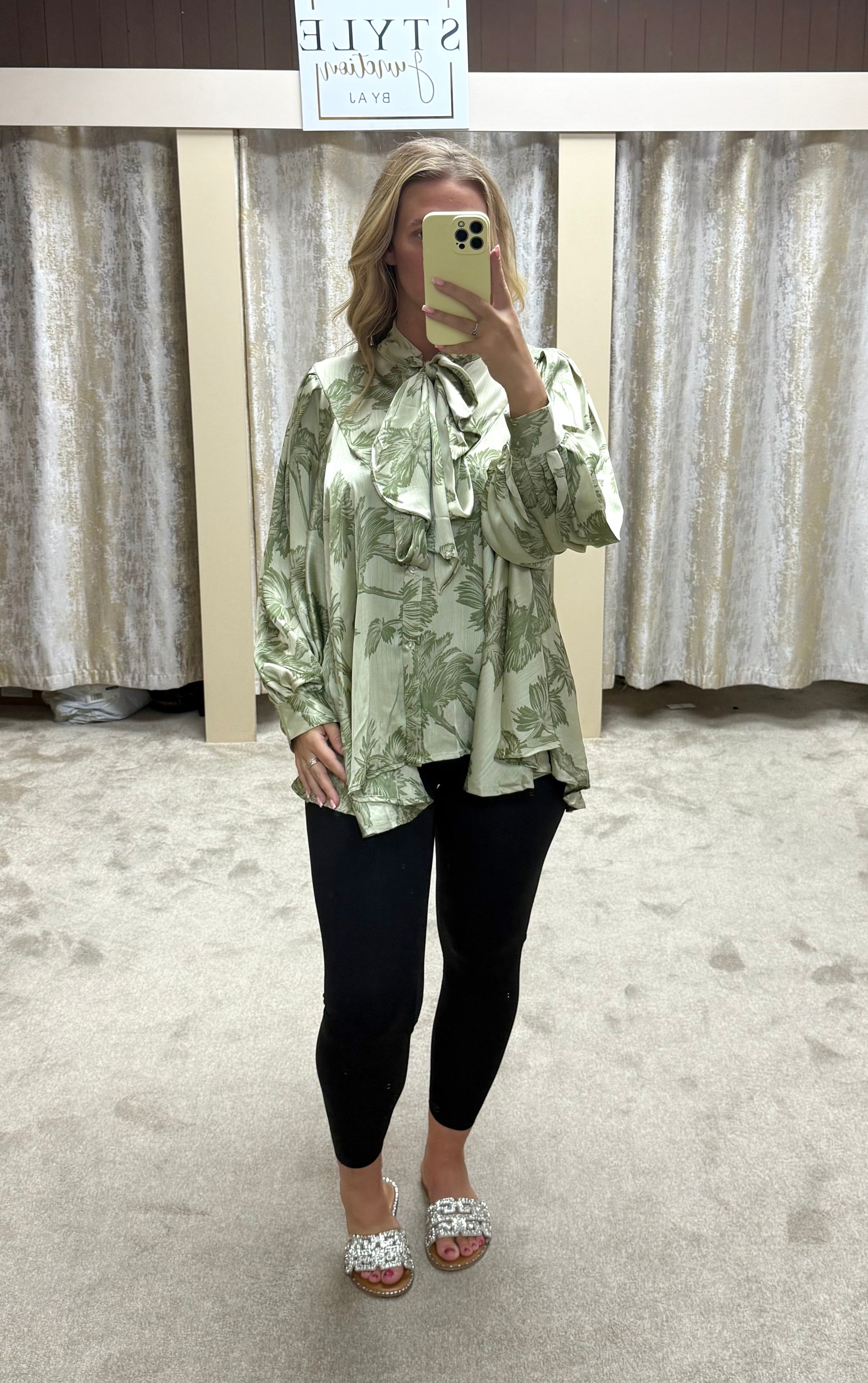 Leaf Print Chiffon Neck Tie Floaty Blouse