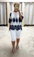 White & Navy Crochet Off The Shoulder Bardot Top