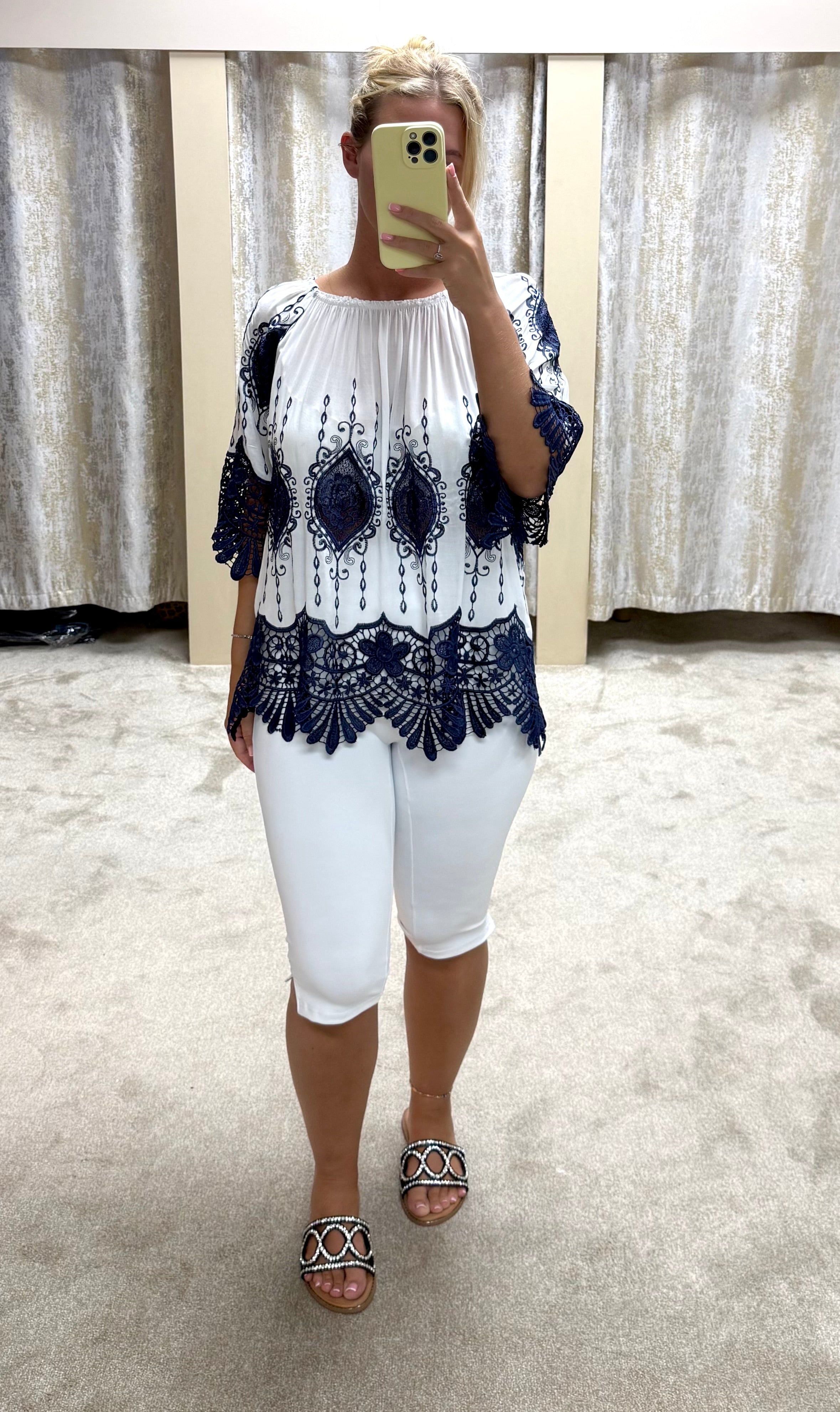 White & Navy Crochet Off The Shoulder Bardot Top