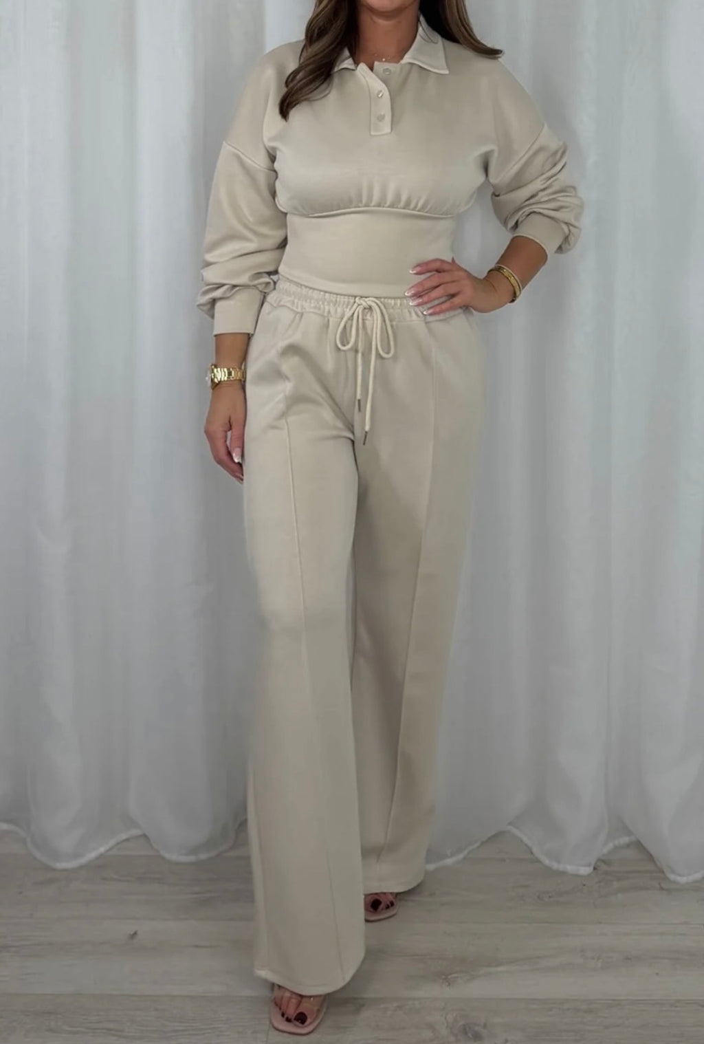 Button Polo Waist Cinching Co Ord with Elasticated Lined Trousers