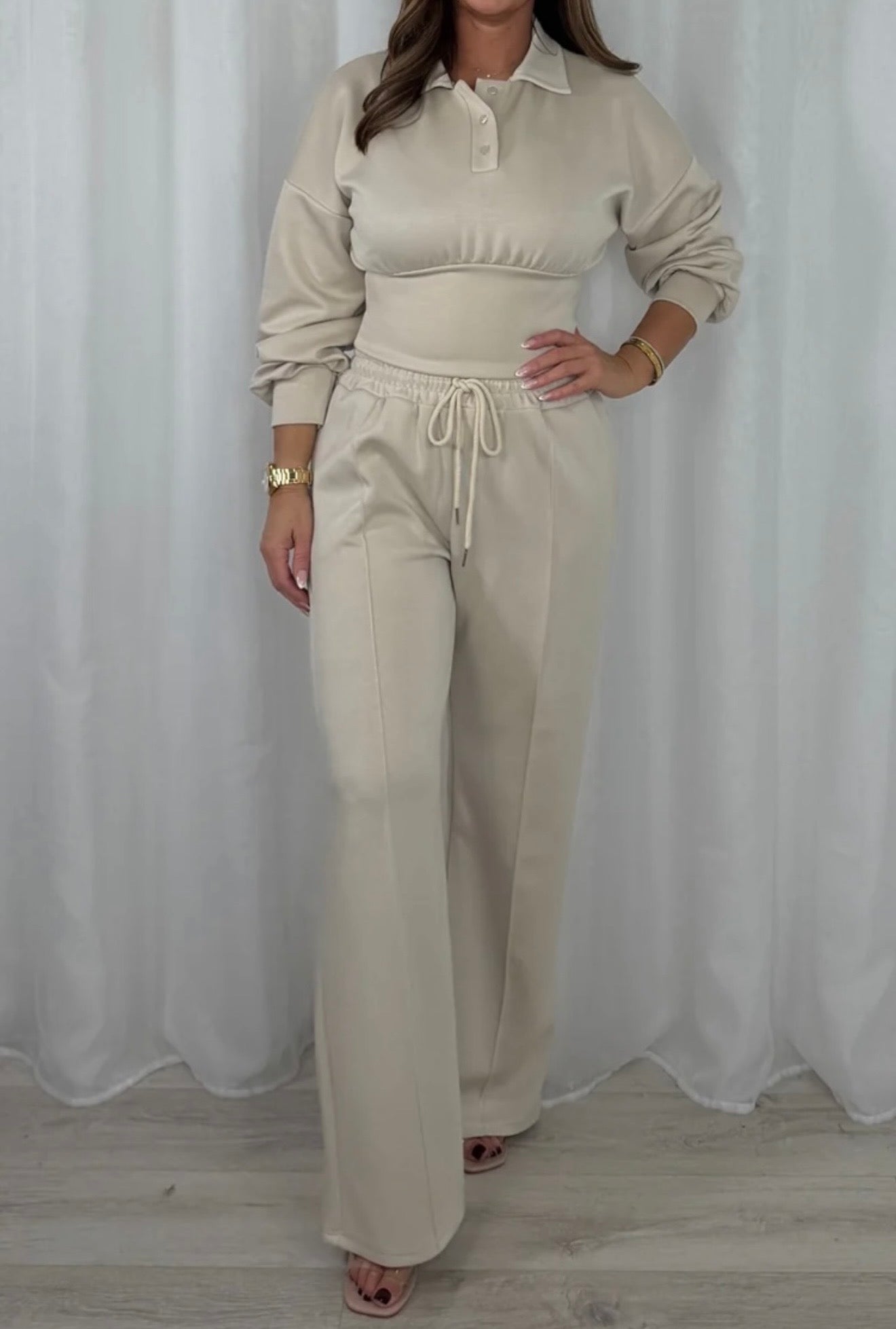 Button Polo Waist Cinching Co Ord with Elasticated Lined Trousers