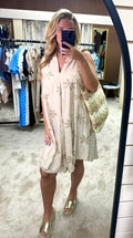 Metallic Gold Embroidered Flowy Linen Dress