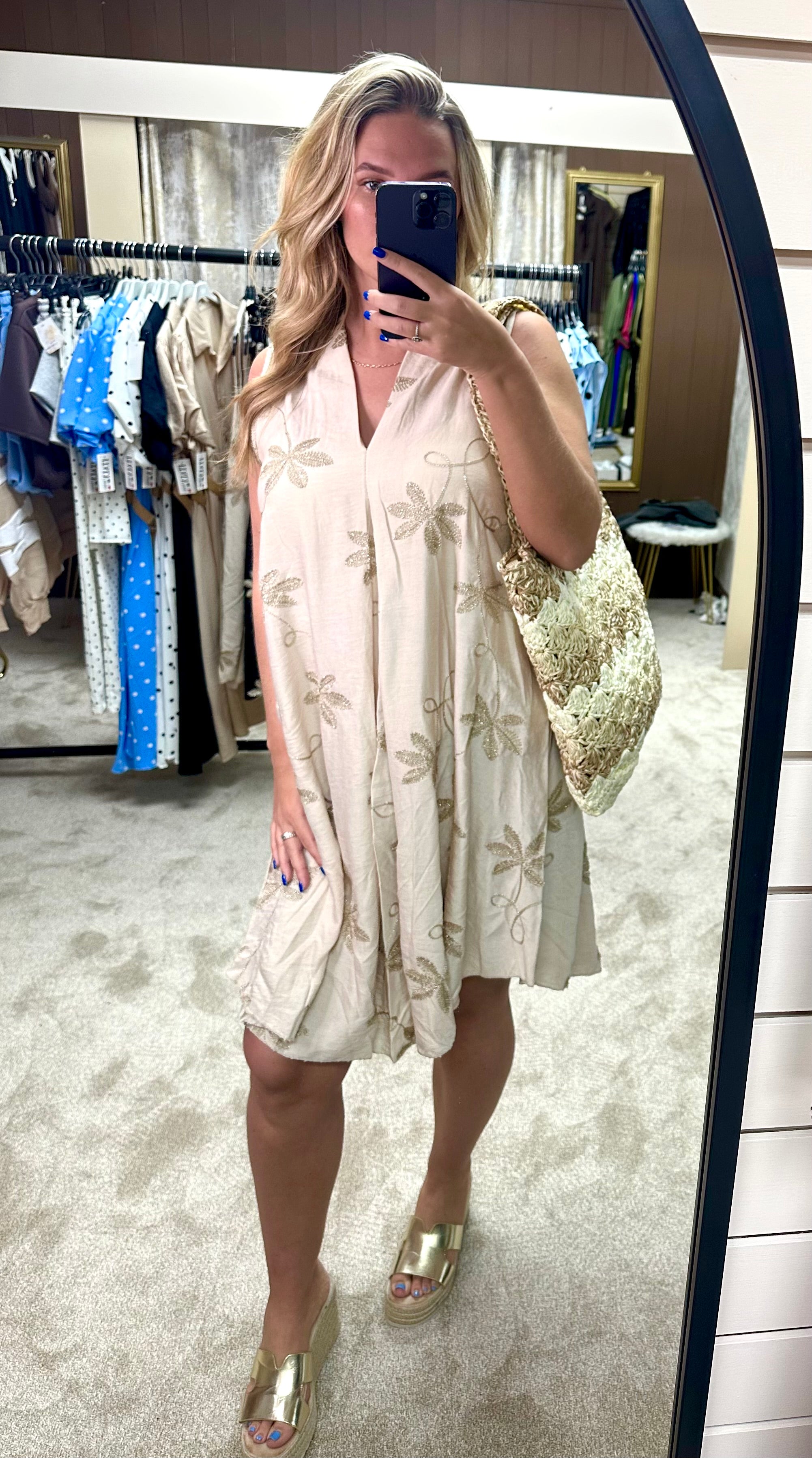 Metallic Gold Embroidered Flowy Linen Dress