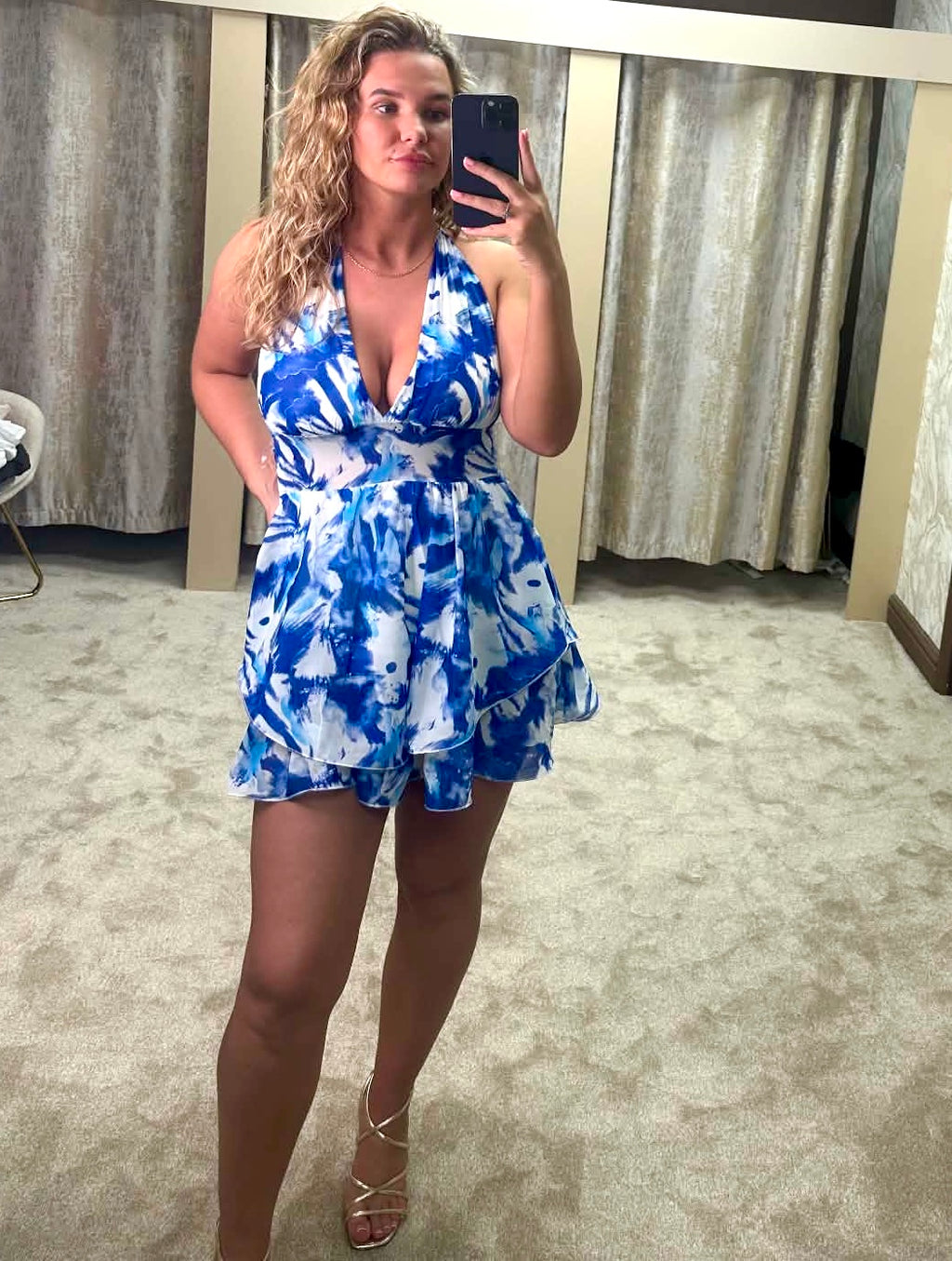 Halter Neck Marble Print Chiffon Dress - Blue