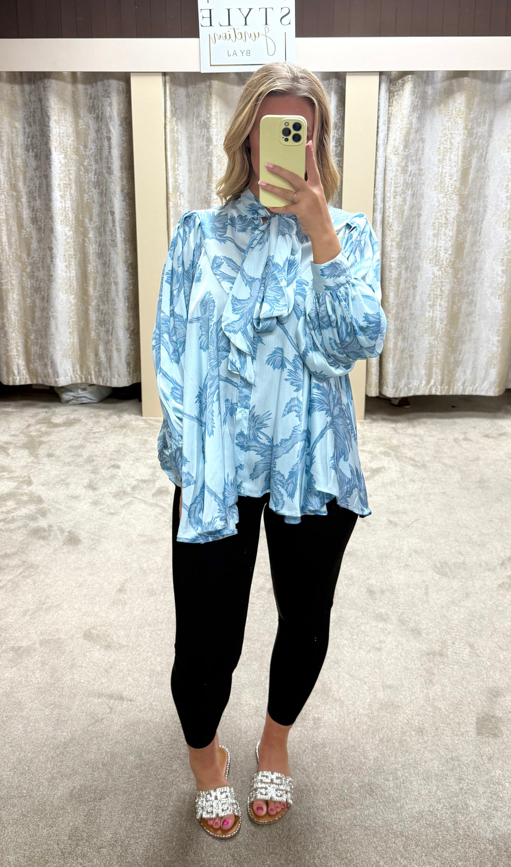 Leaf Print Chiffon Neck Tie Floaty Blouse