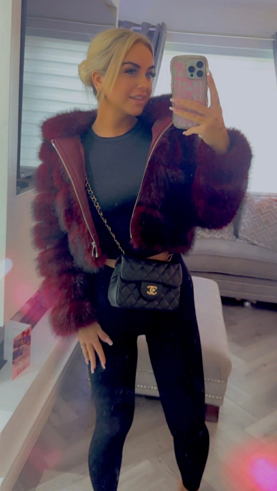 Burgundy Faux Fur Zip Jacket with Hood