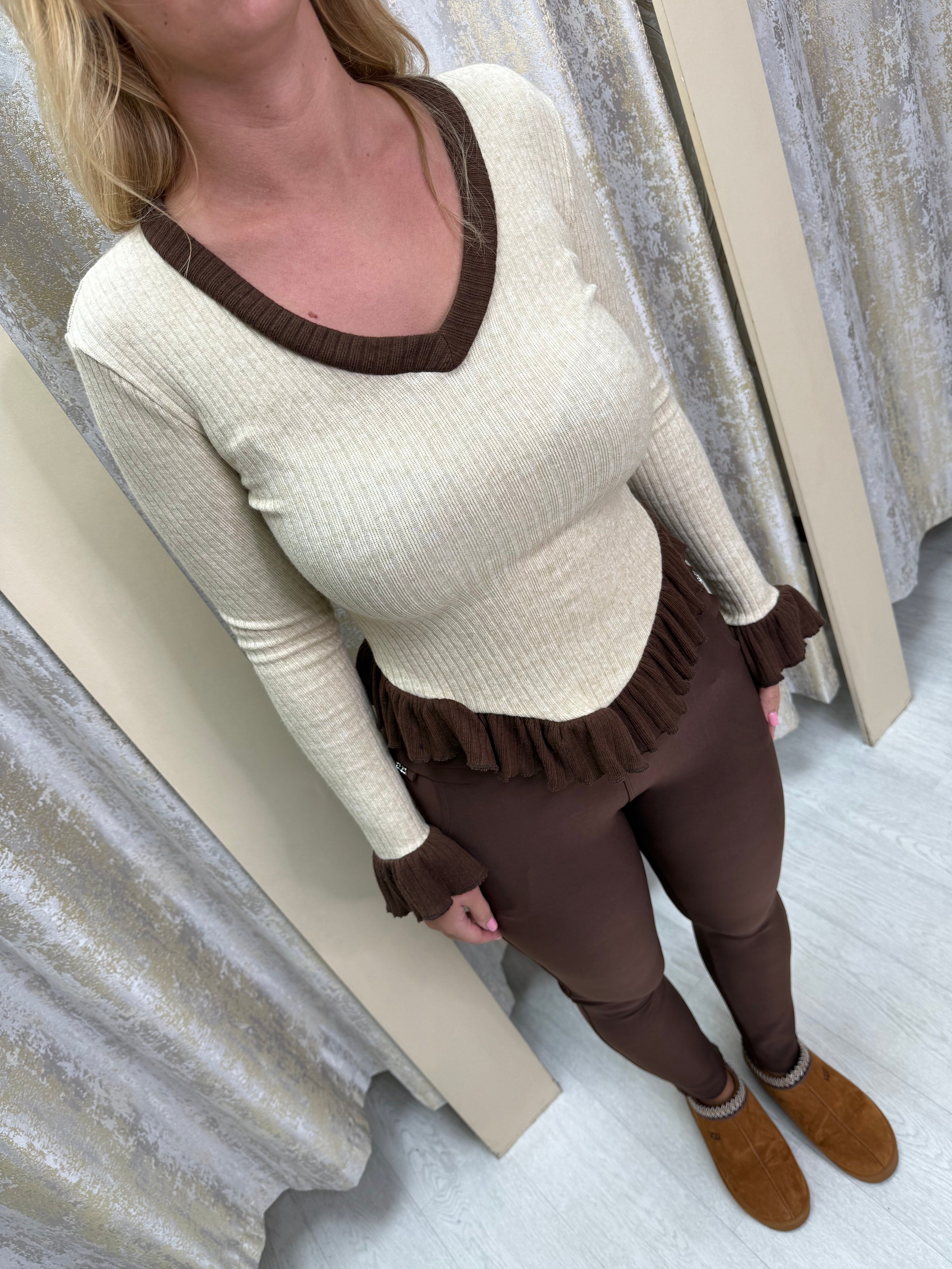 Diamanté Detail High Waisted Shaping Leggings with Pockets - Chocolate Brown