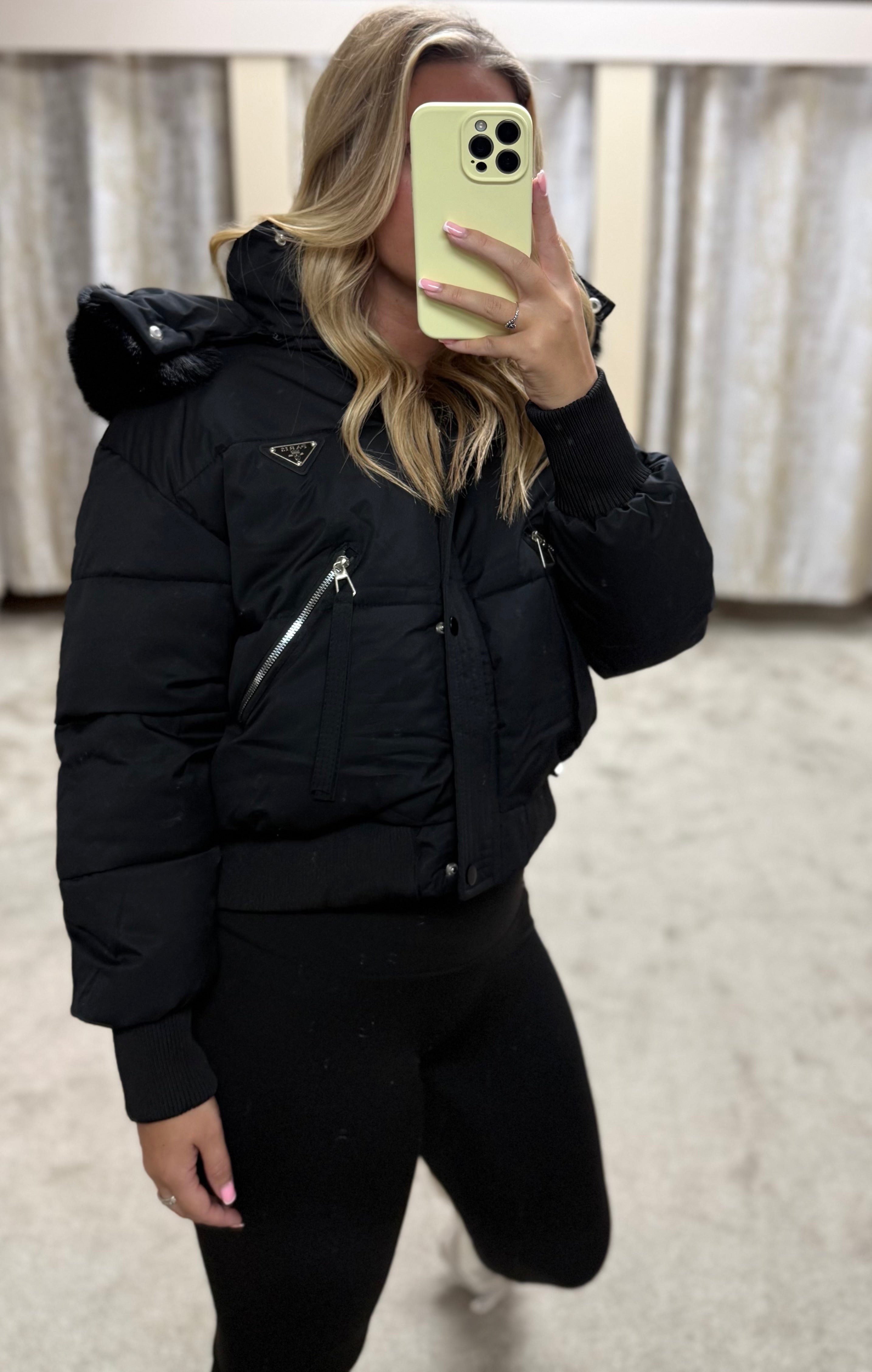 Luxe Faux Fur Paris Logo Coat - Black