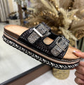 Diamanté Adjustable Buckle Platform Sliders- Black