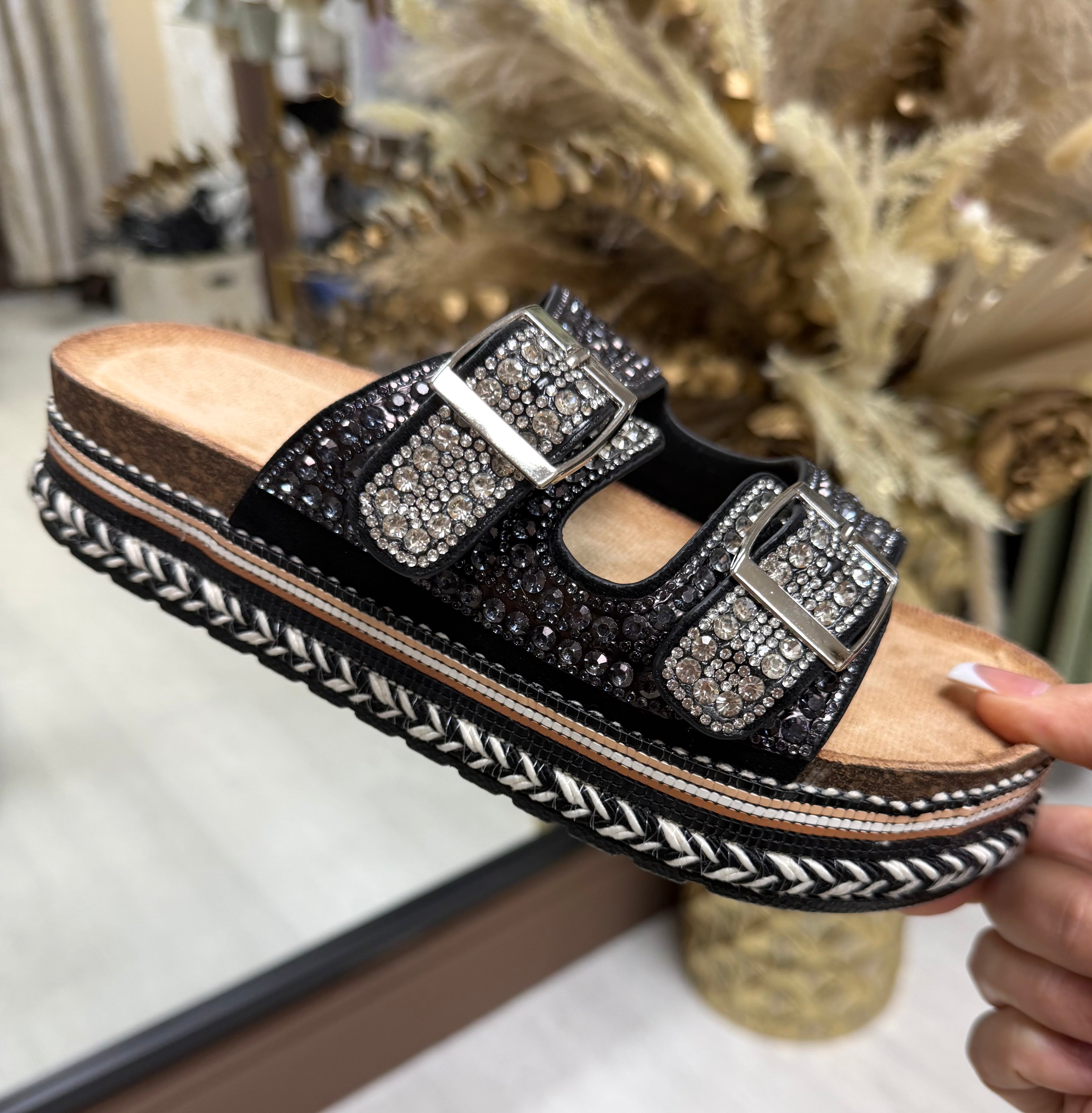 Diamanté Adjustable Buckle Platform Sliders- Black