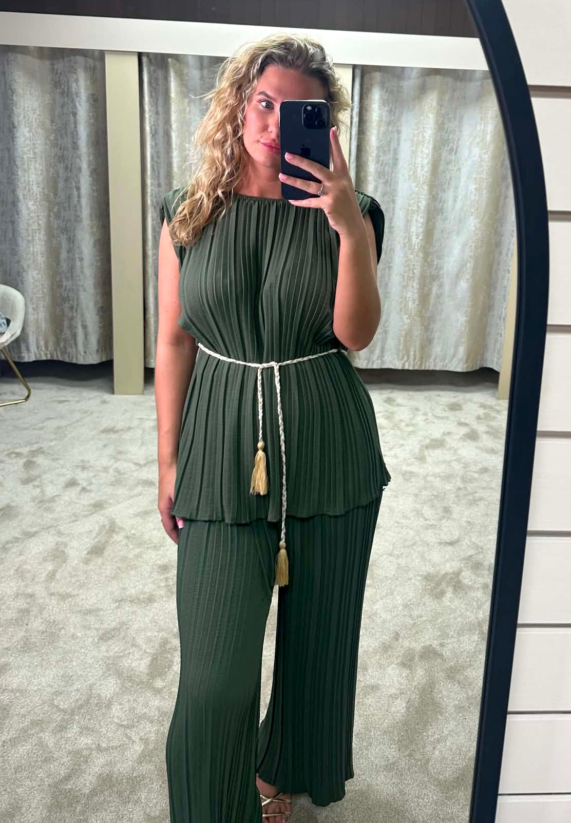 Pleated Shoulder Pad Tie Waist Top & Trouser Co Ord