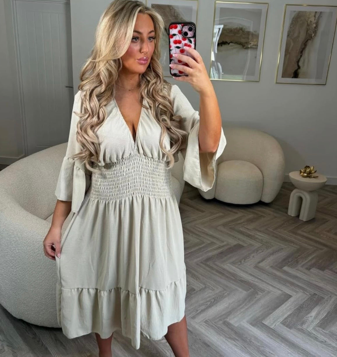 Elasticated V Neck Stretchy Cinched Waist Midi Dress with Bell Sleeves