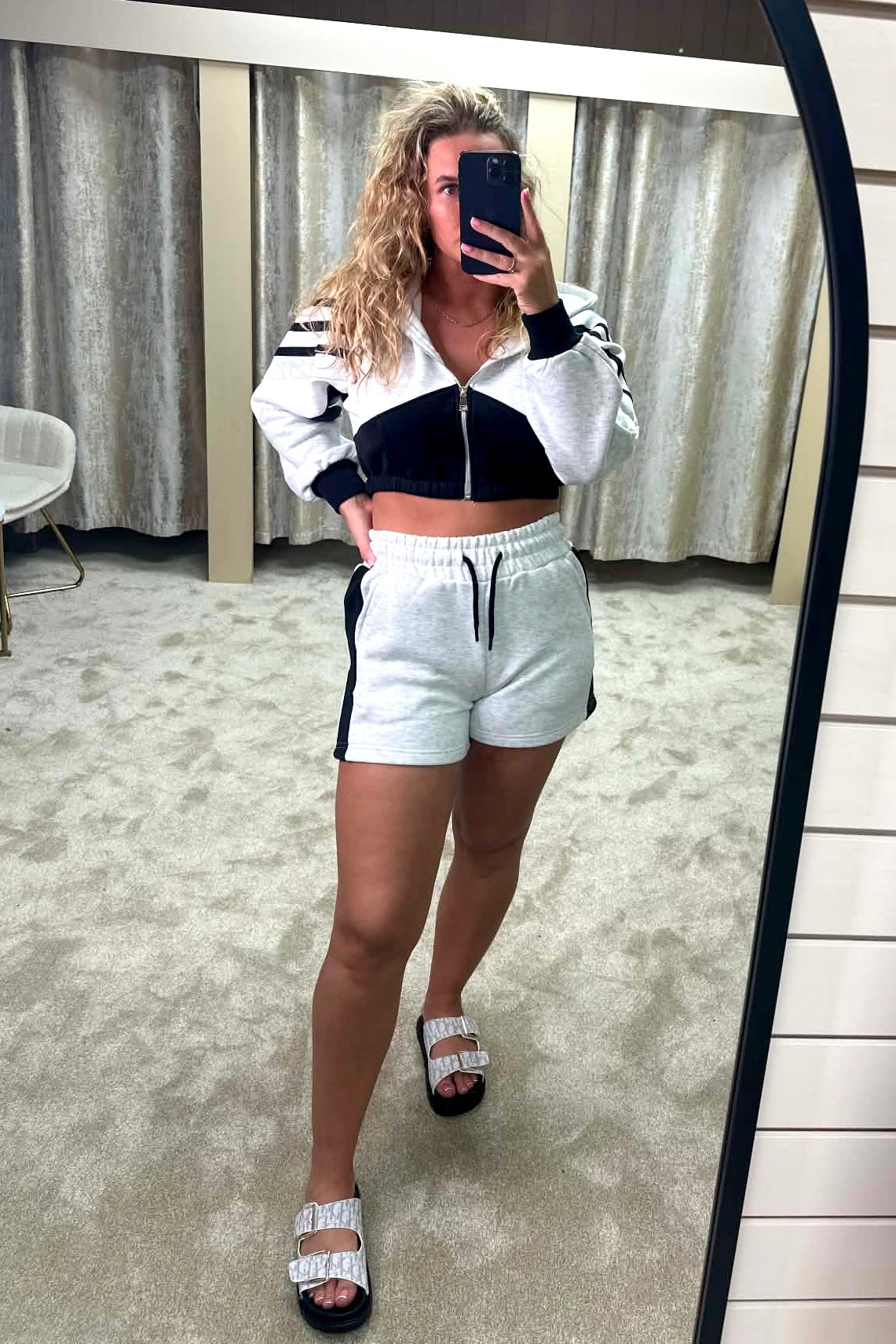 Colour Block Oversized Zip Up Hoodie & Shorts Co Ord - Grey & Black