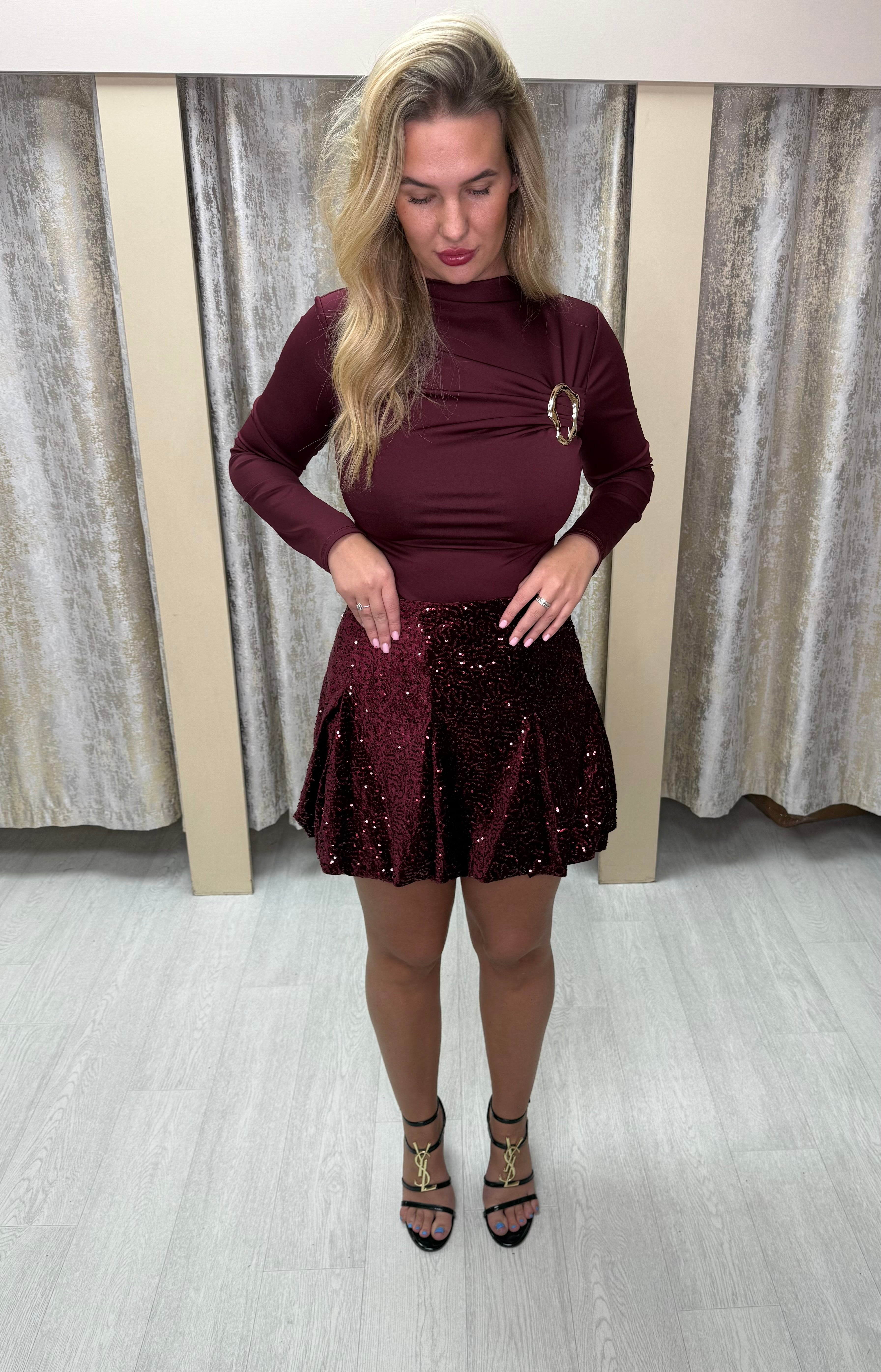 Glitter Sequin Pleated Elasticated Skirt - Burgundy