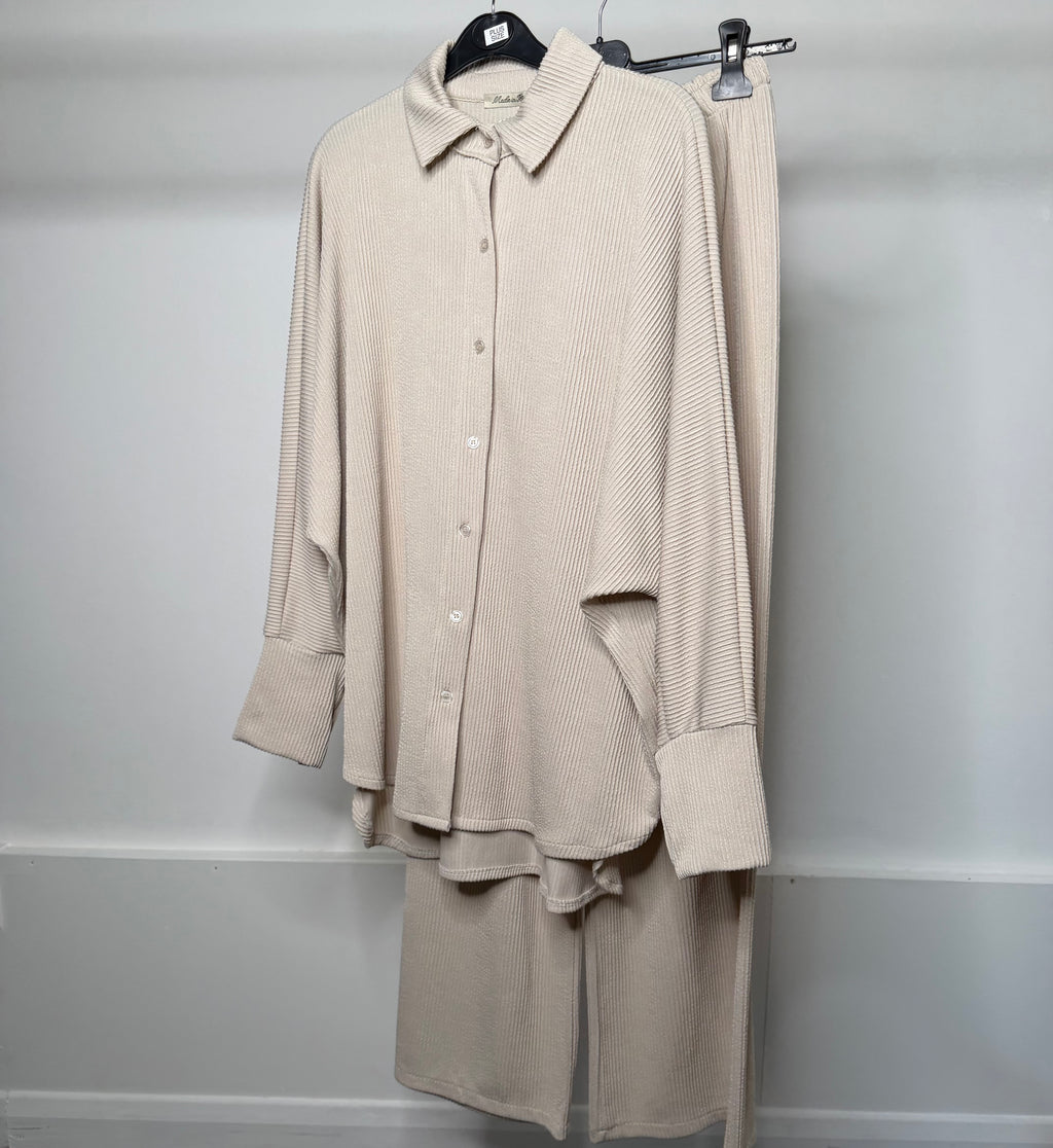 PLUS SIZE - Fine Ribbed Soft Long Shirt & Trouser Co Ord