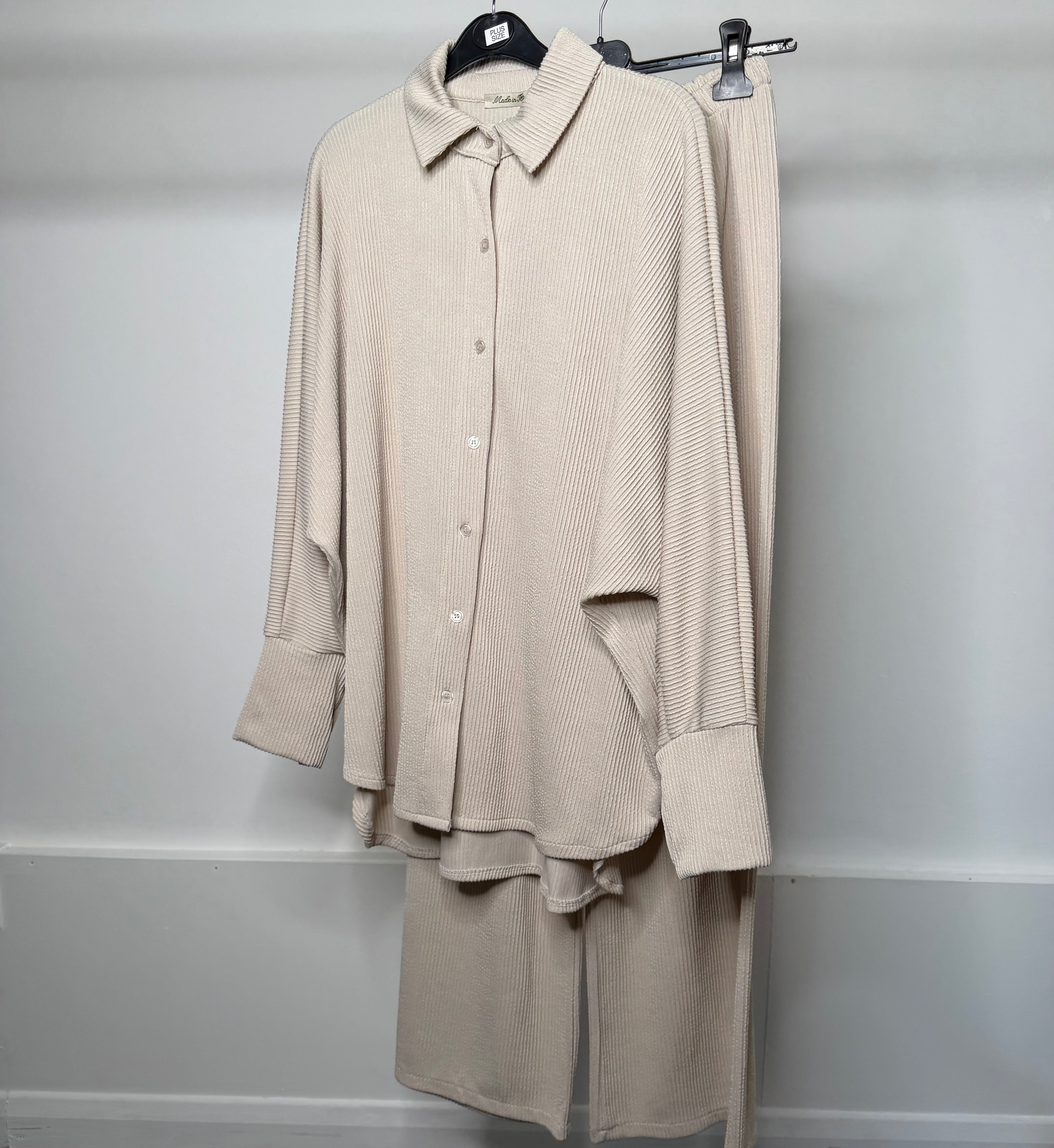 PLUS SIZE - Fine Ribbed Soft Long Shirt & Trouser Co Ord