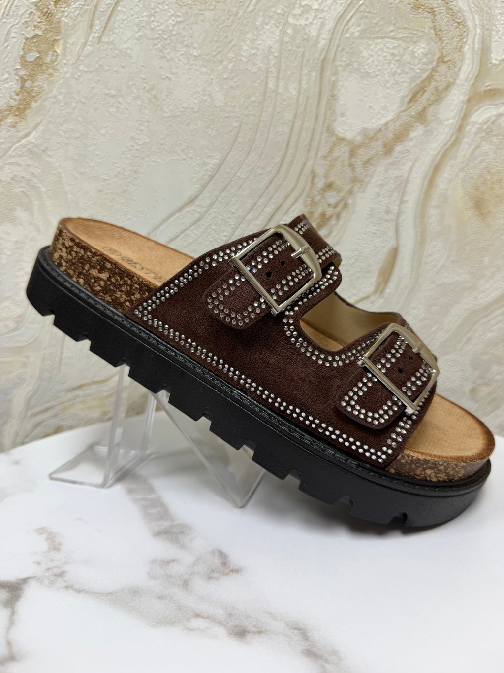 Diamanté Suede Buckle Slider - Chocolate Brown
