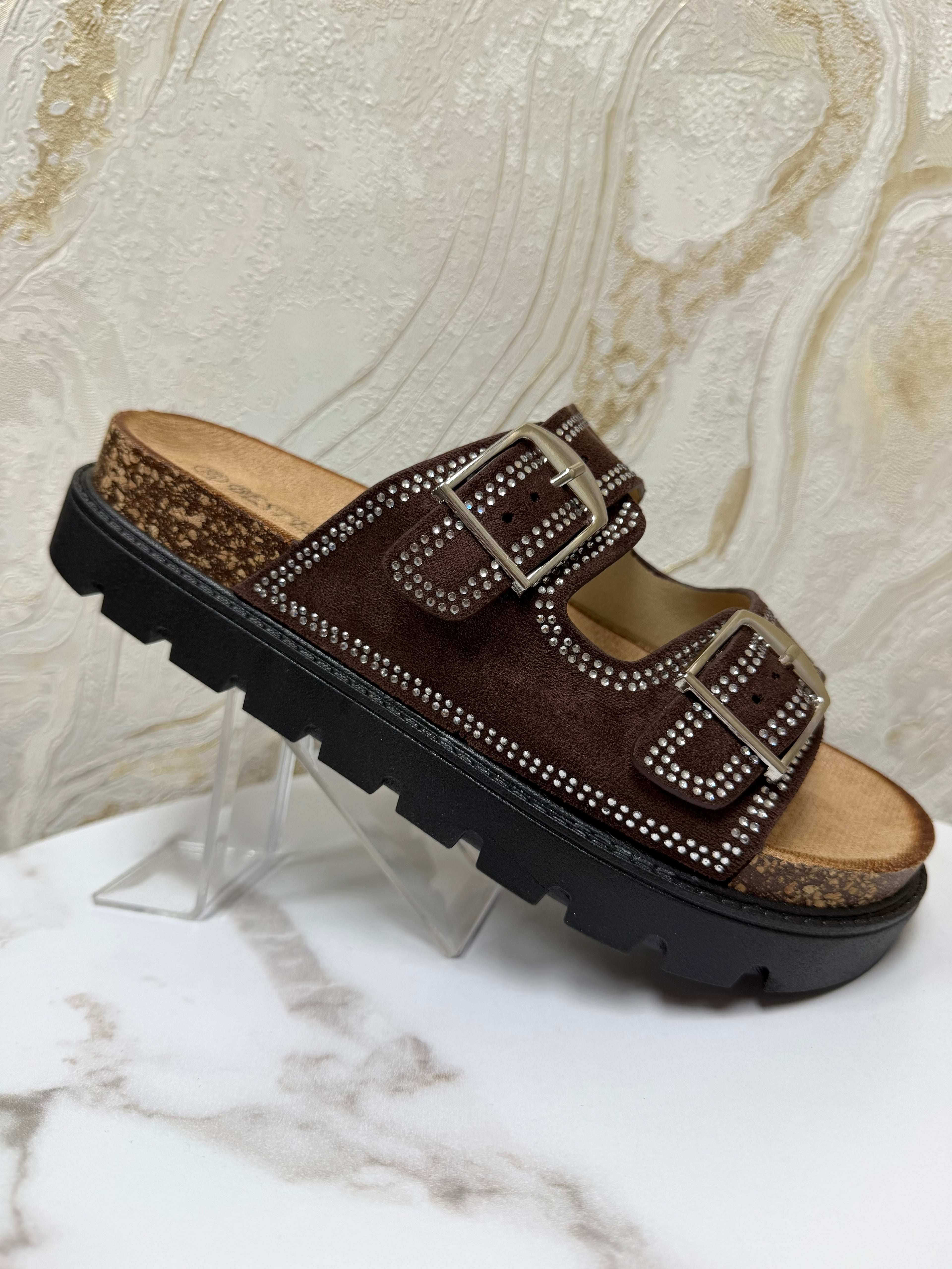 Diamanté Suede Buckle Slider - Chocolate Brown