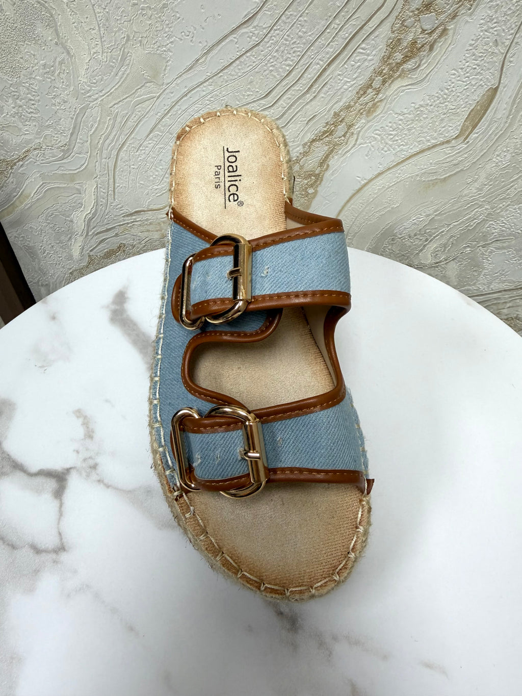Denim & Tan Detail Buckle Espadrille Sliders