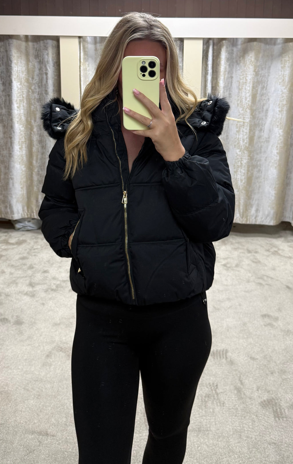 Luxe Faux Fur Gold Zip Detail Coat - Black