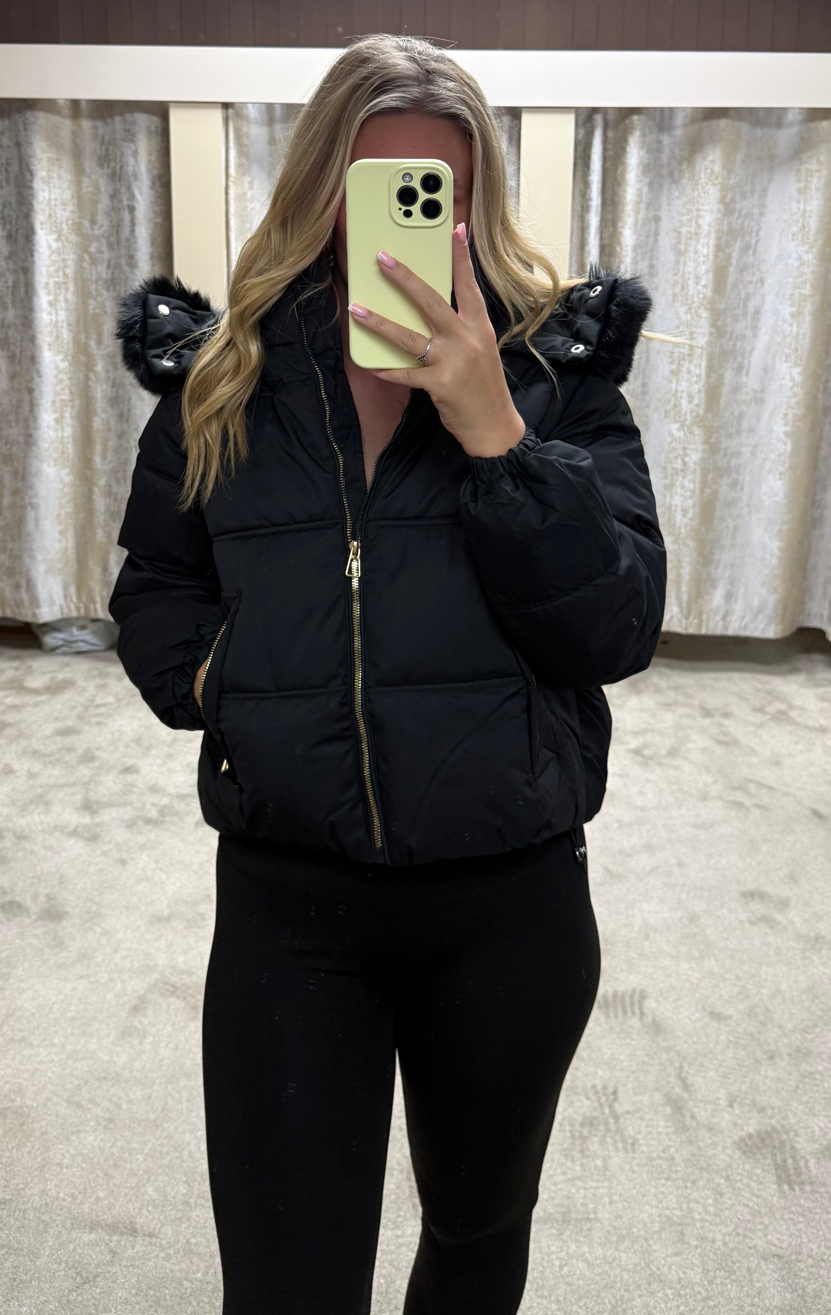 Luxe Faux Fur Gold Zip Detail Coat - Black