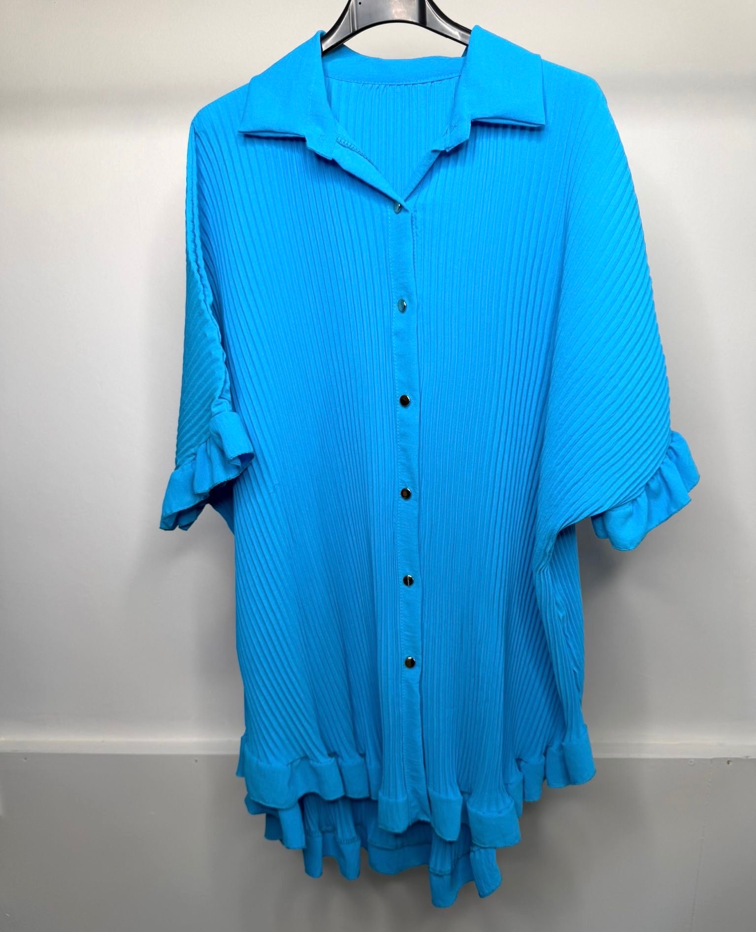 Gold Button Pleated Ruffle Hem Oversized Long Top / Mini Dress - Aqua Blue