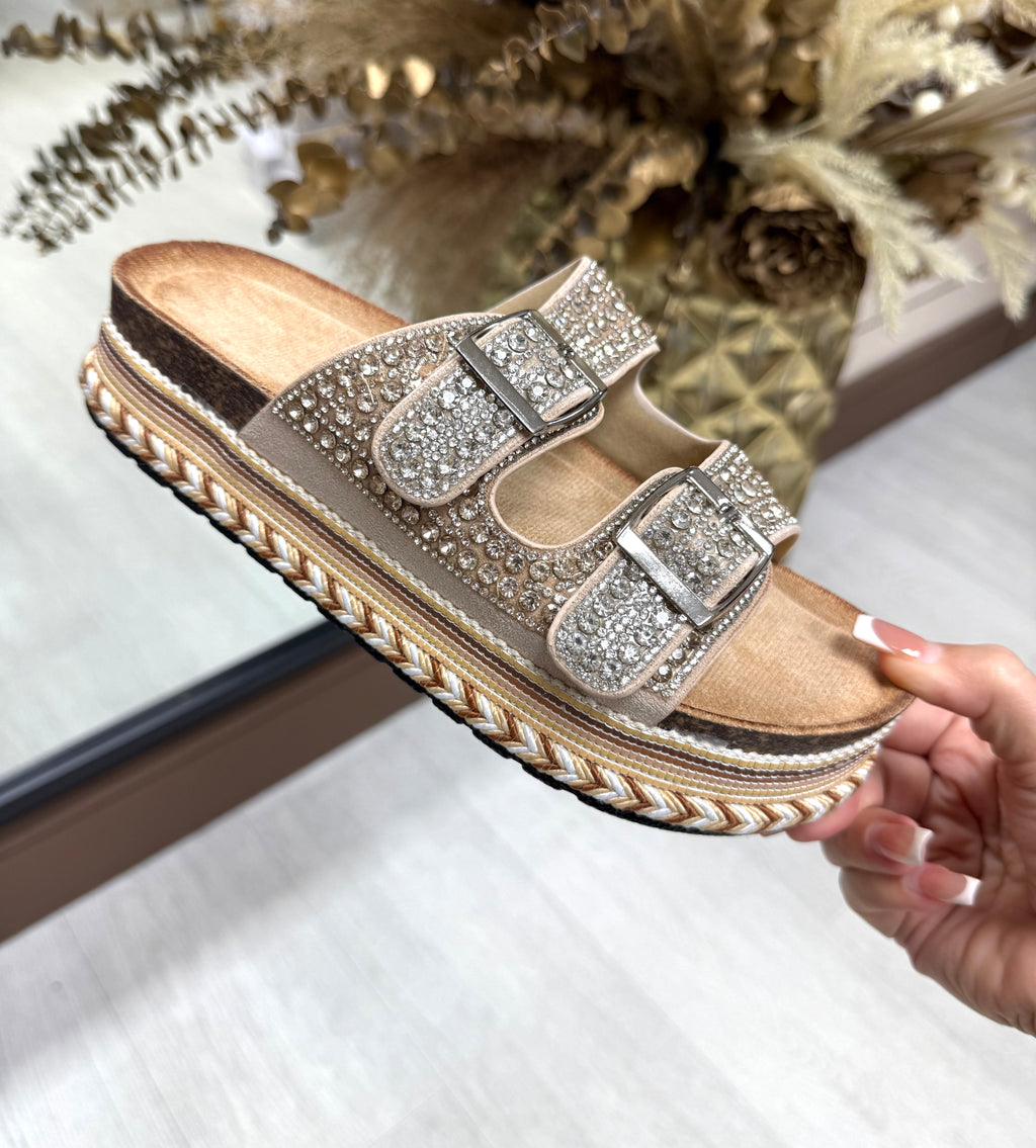 Diamanté Adjustable Buckle Platform Sliders- Beige