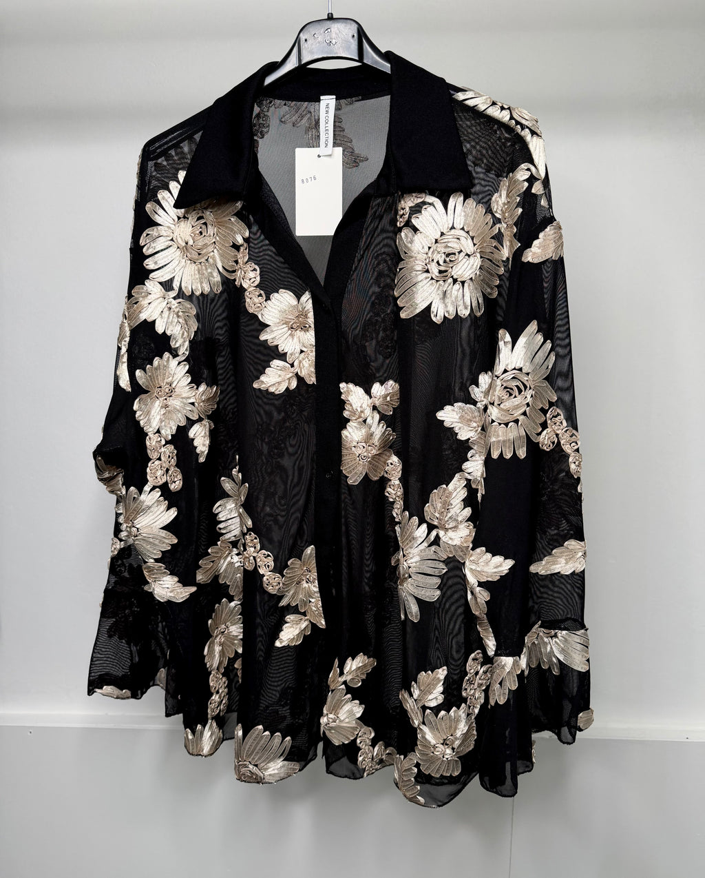 PLUS SIZE - Flower Embroidered Mesh Shirt with Bell Sleeve Detail