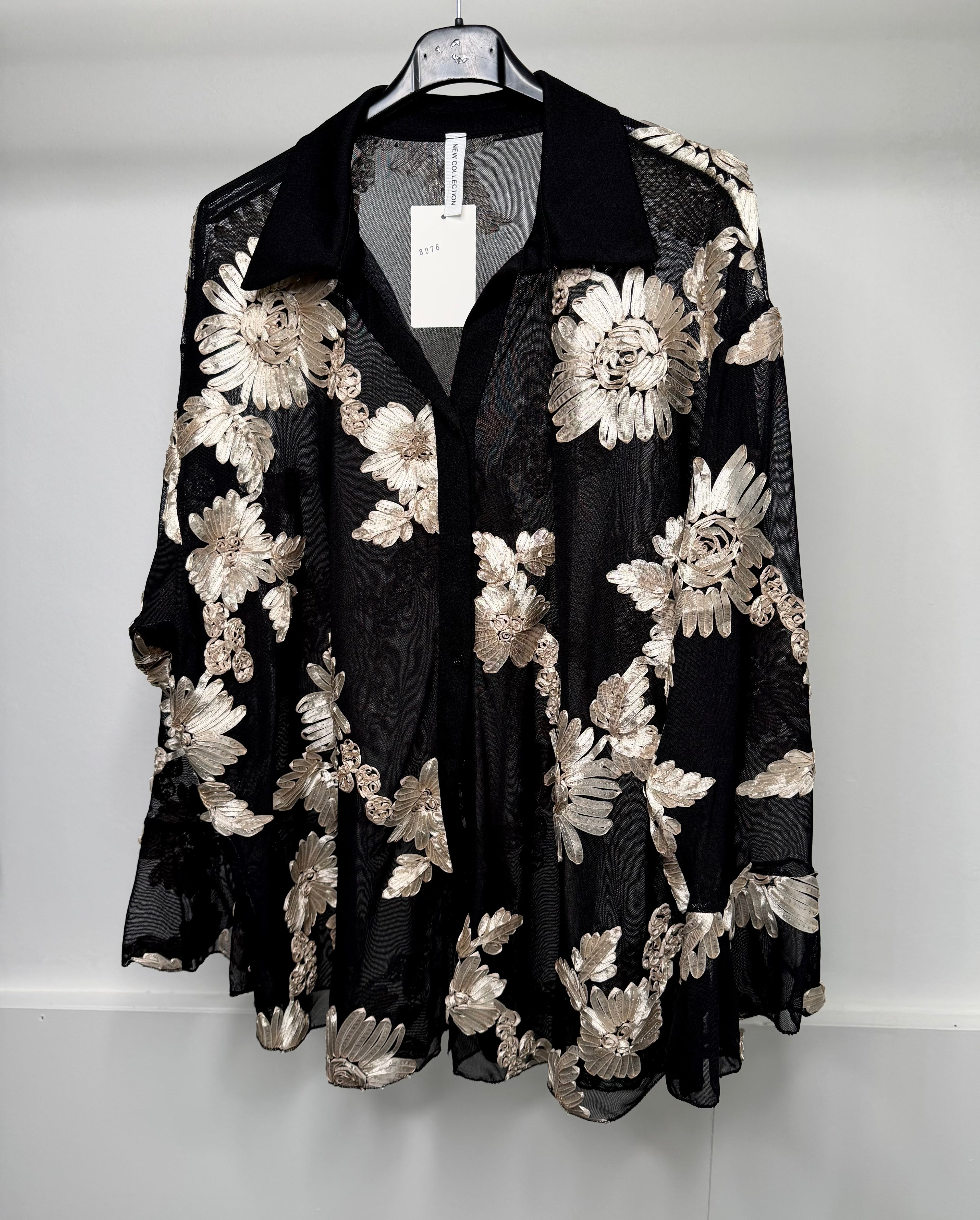 PLUS SIZE - Flower Embroidered Mesh Shirt with Bell Sleeve Detail