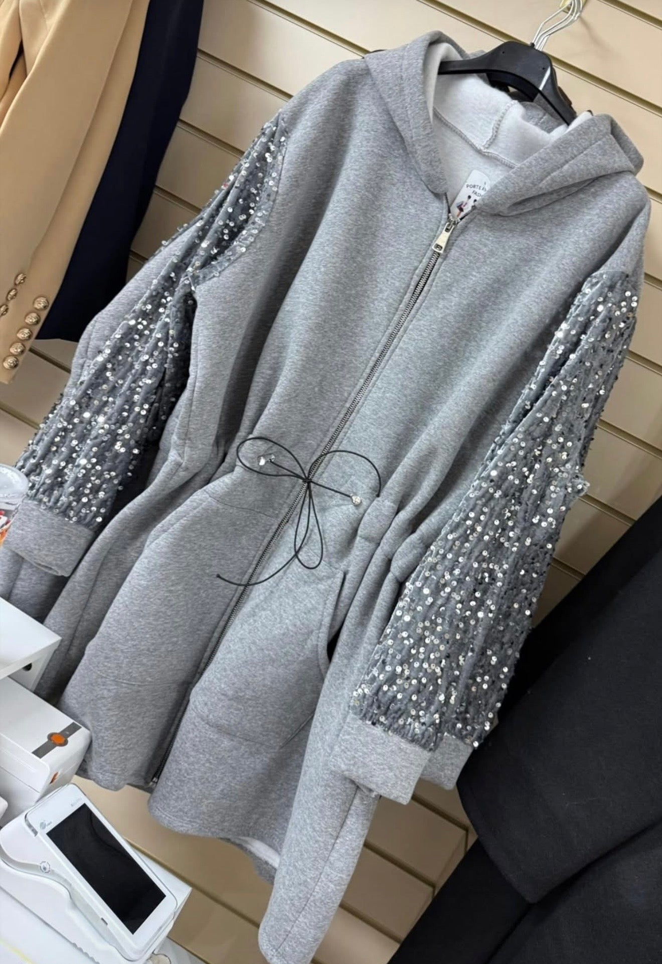 Fleece Lined Sequin Sleeve Waist Cinching Jackets