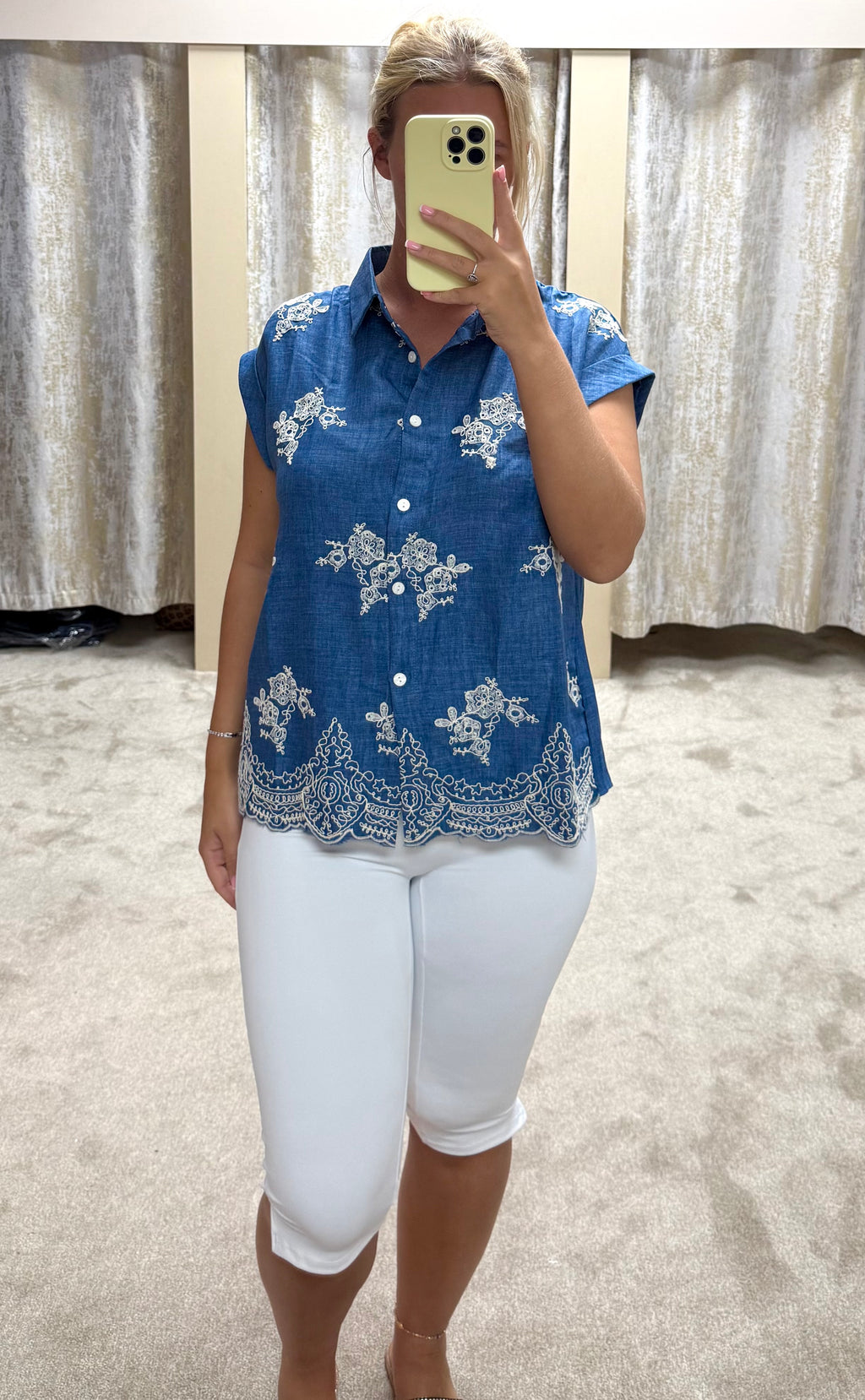 Denim & White Embroidered Cap Sleeve Shirt