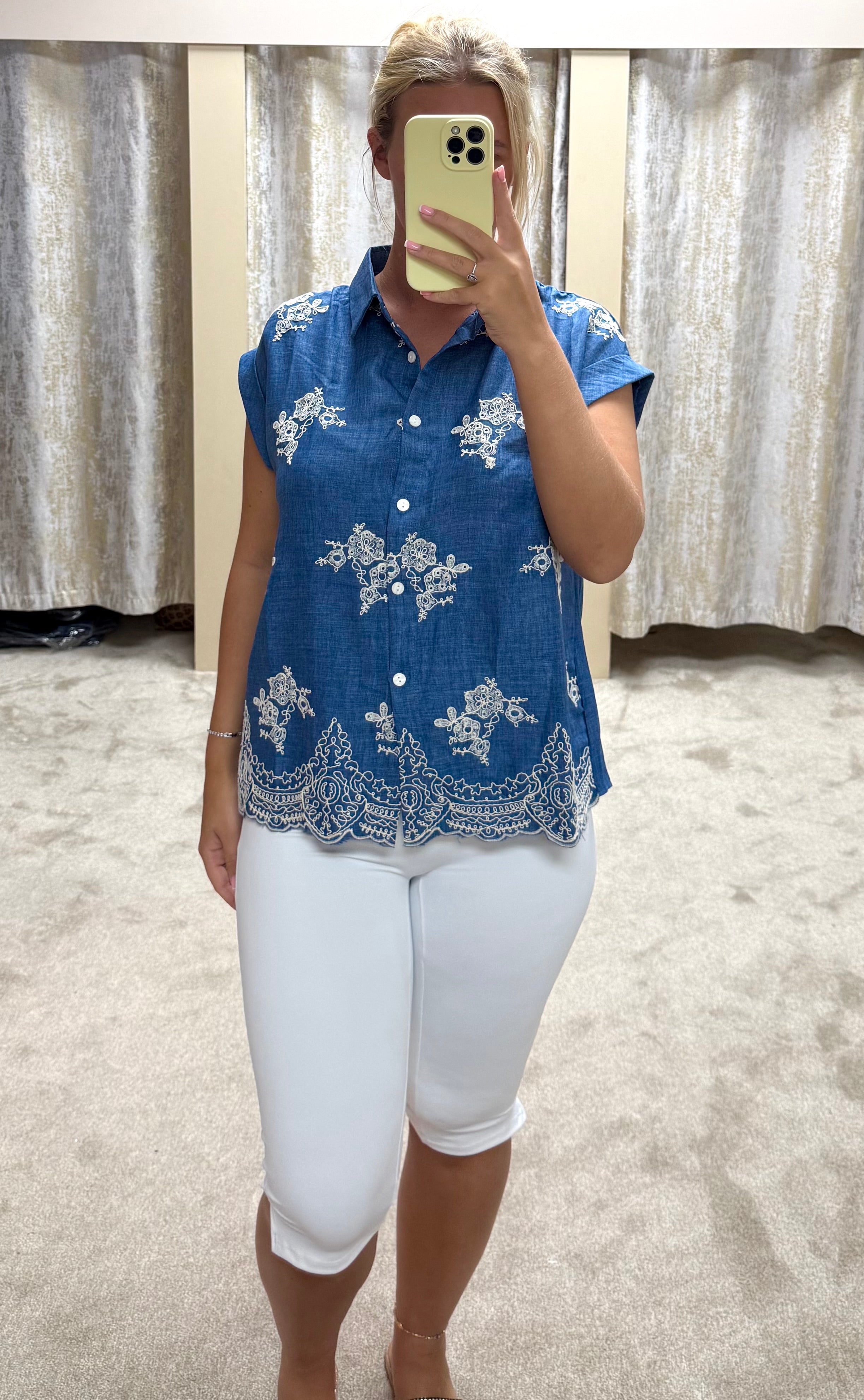 Denim & White Embroidered Cap Sleeve Shirt