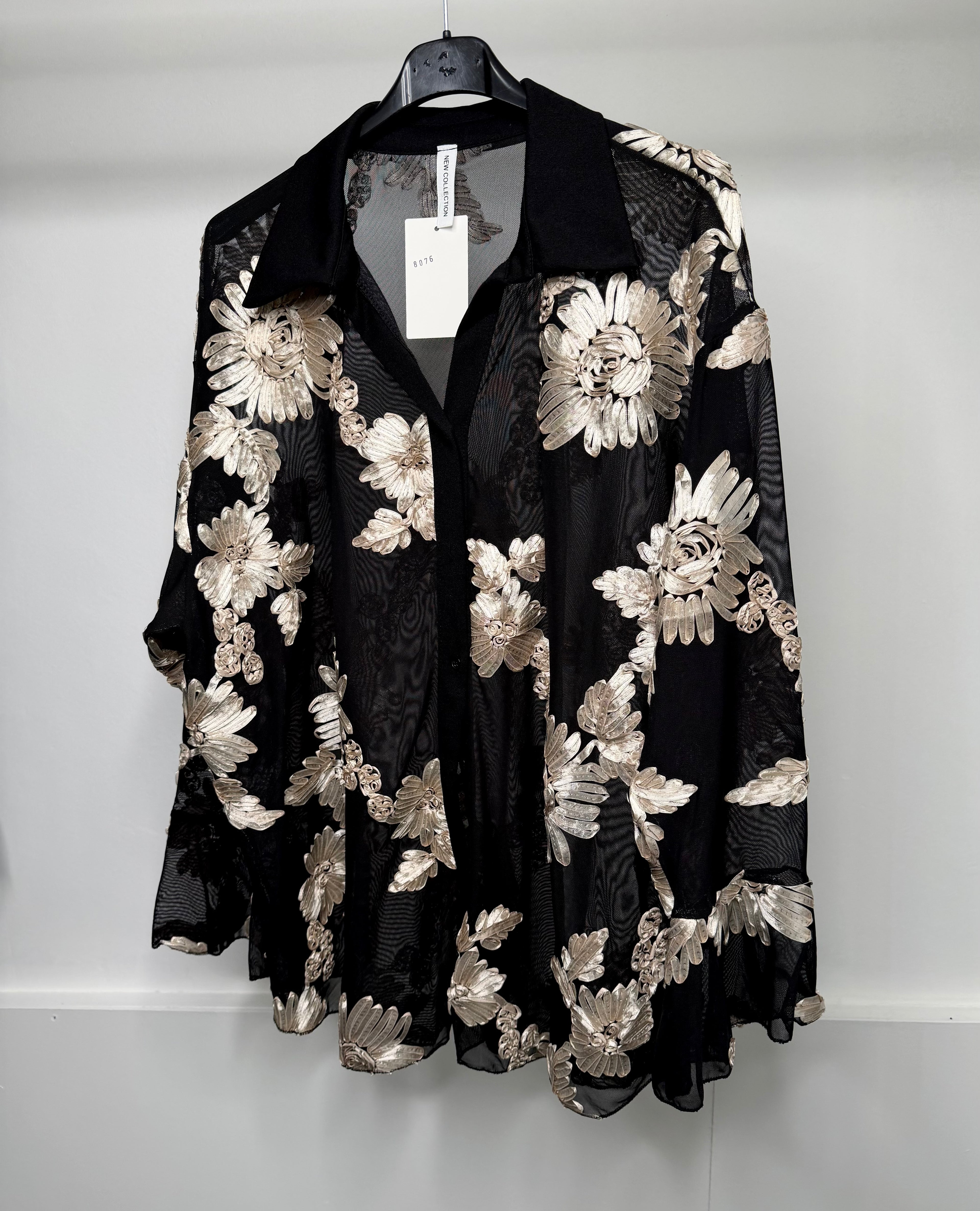 PLUS SIZE - Flower Embroidered Mesh Shirt with Bell Sleeve Detail
