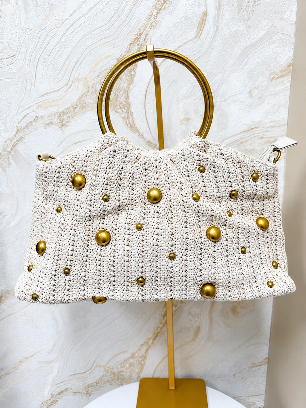 Gold Ring Handle Boho Woven Bag - Neutral