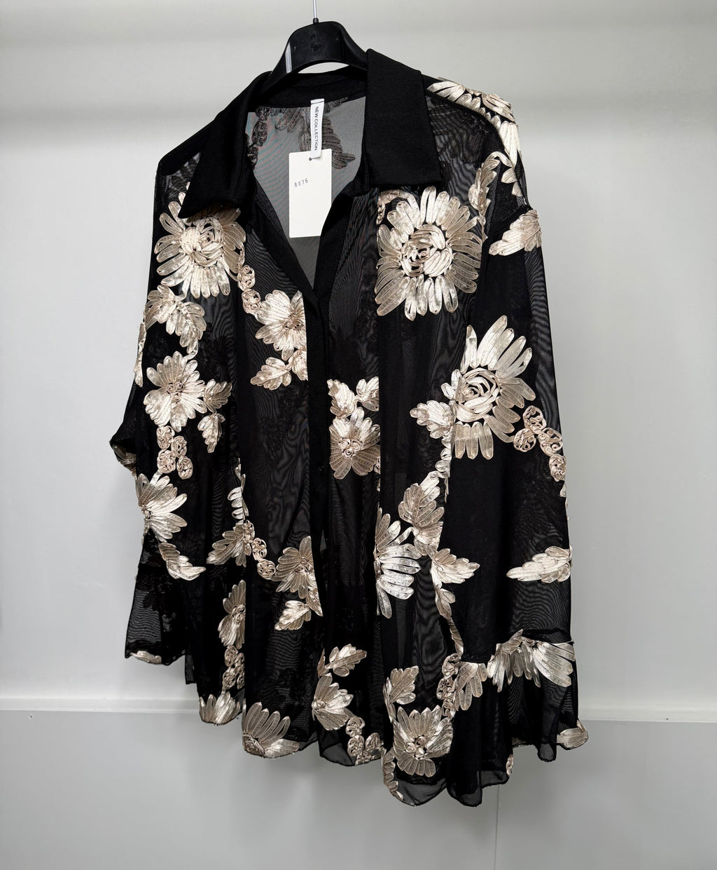 PLUS SIZE - Flower Embroidered Mesh Shirt with Bell Sleeve Detail