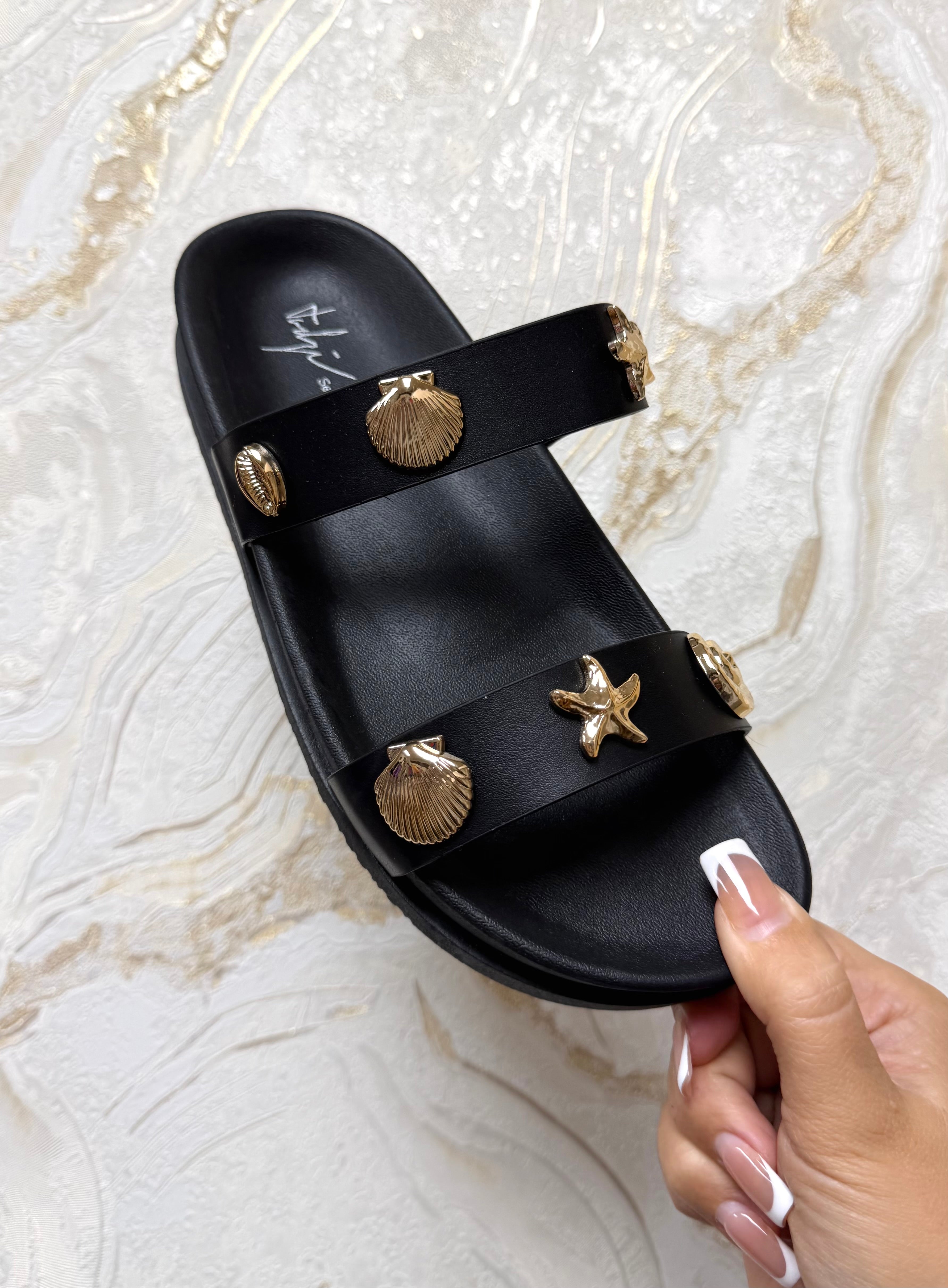 Seashell & Starfish Gold Detail Sliders - Black