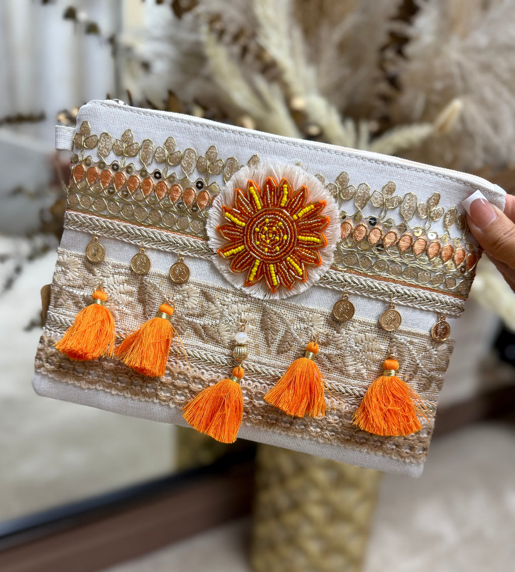 Embellished Boho Clutch Bag - Orange Sunshine