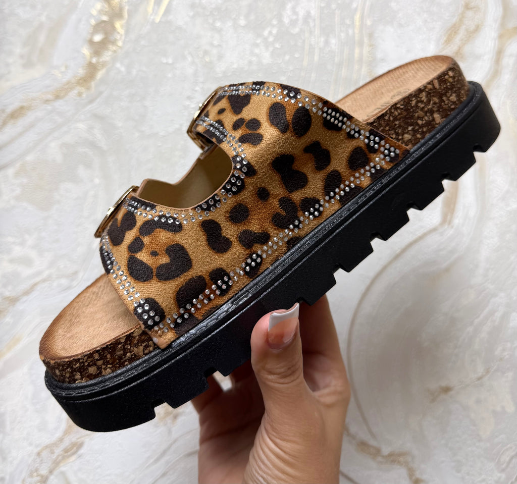 Diamanté Buckle Sliders - Leopard Print