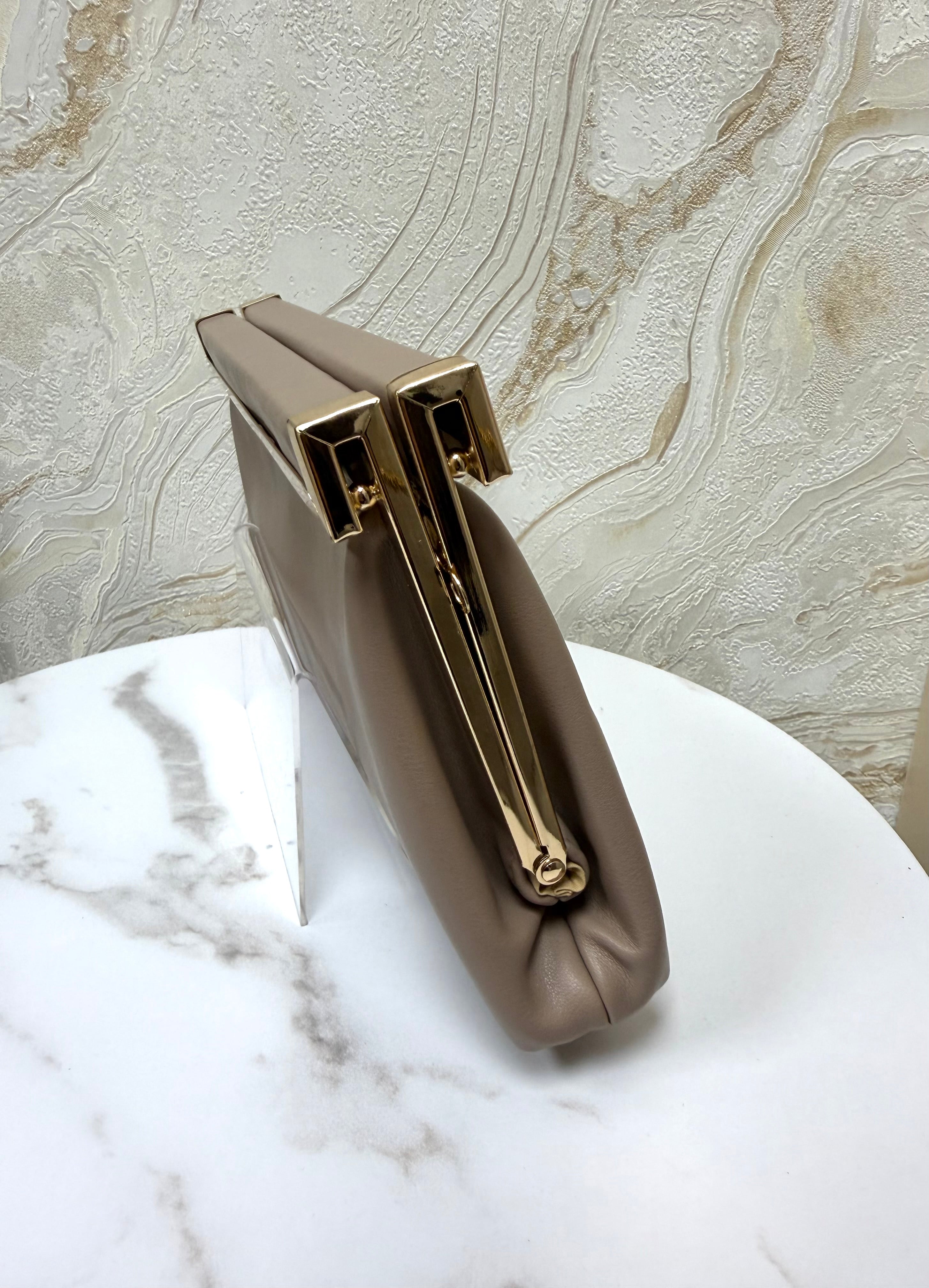 Greige Clutch Bag With Gold Detail - Comes With Shoulder Chain