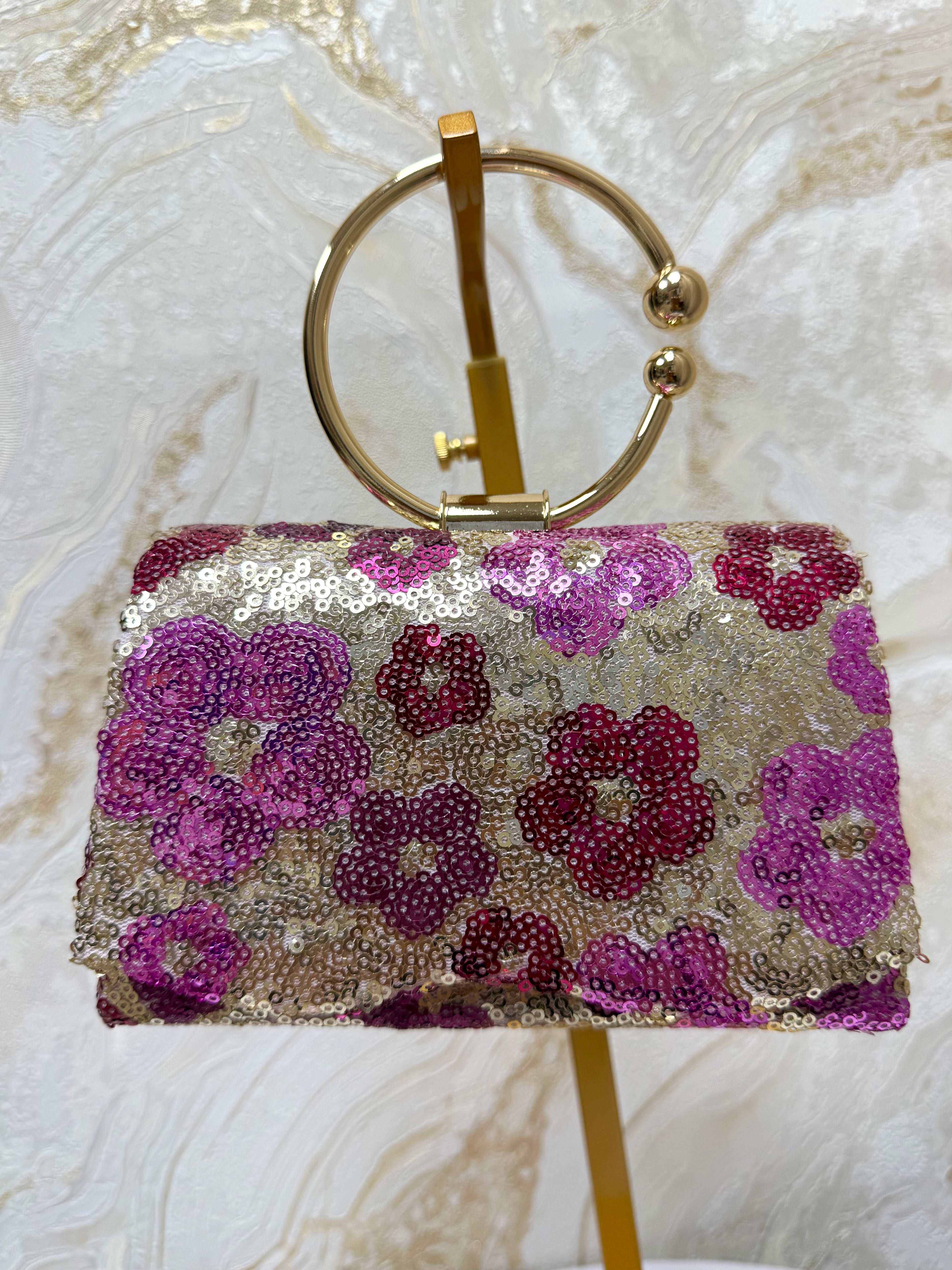 Gold Ring Handle Flower Detail Sequin Bag - Pink Tones