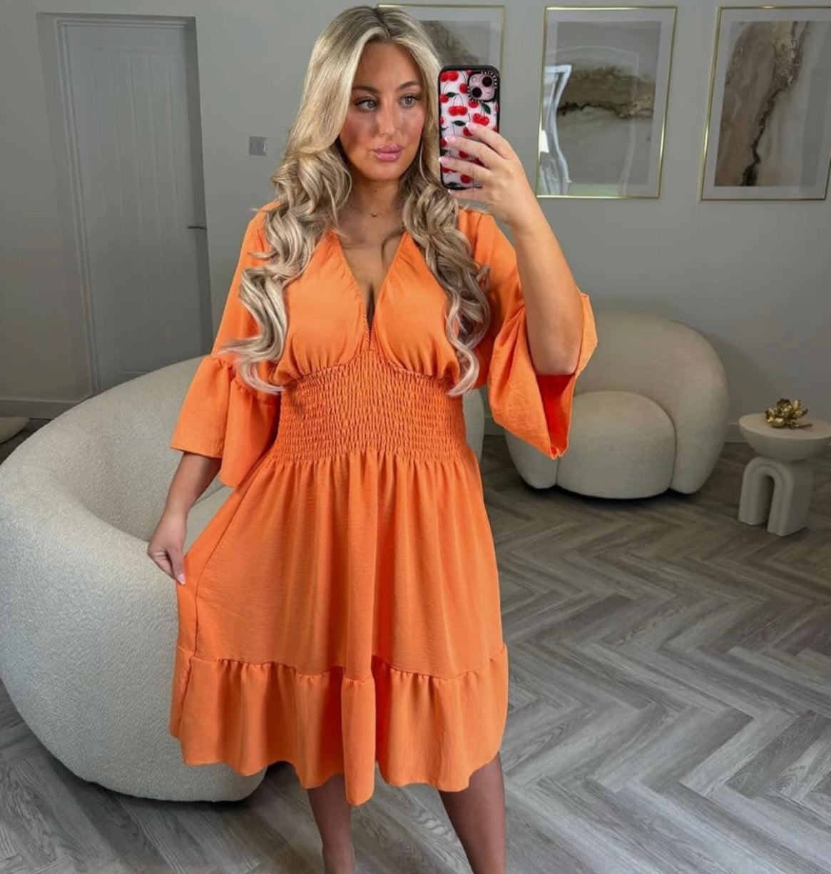 Elasticated V Neck Stretchy Cinched Waist Midi Dress with Bell Sleeves
