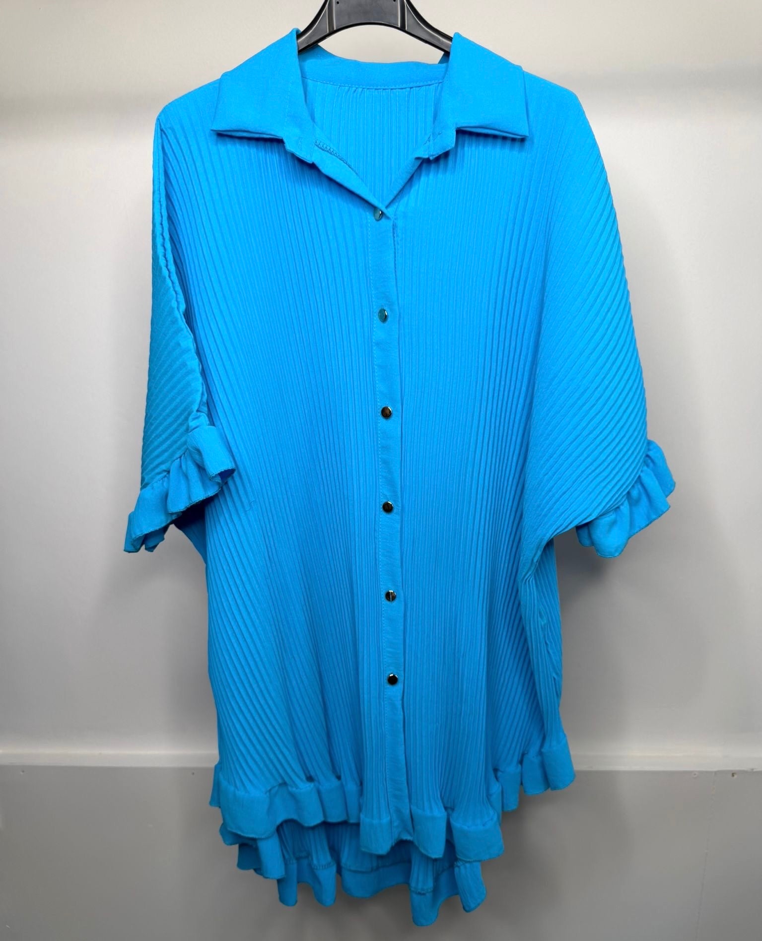 Gold Button Pleated Ruffle Hem Oversized Long Top / Mini Dress - Aqua Blue