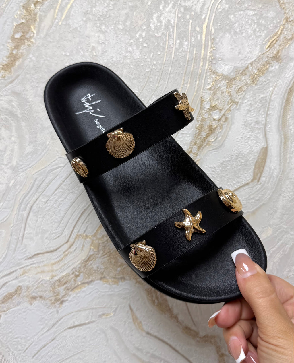 Seashell & Starfish Gold Detail Sliders - Black
