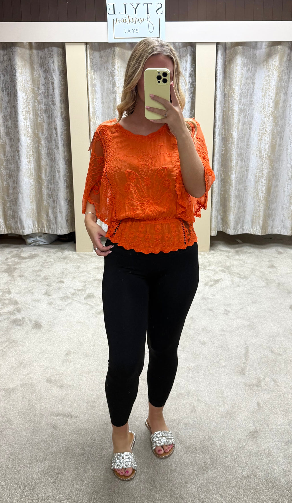 Butterly Embroidered Elasticated Waist Crochet Detail Top